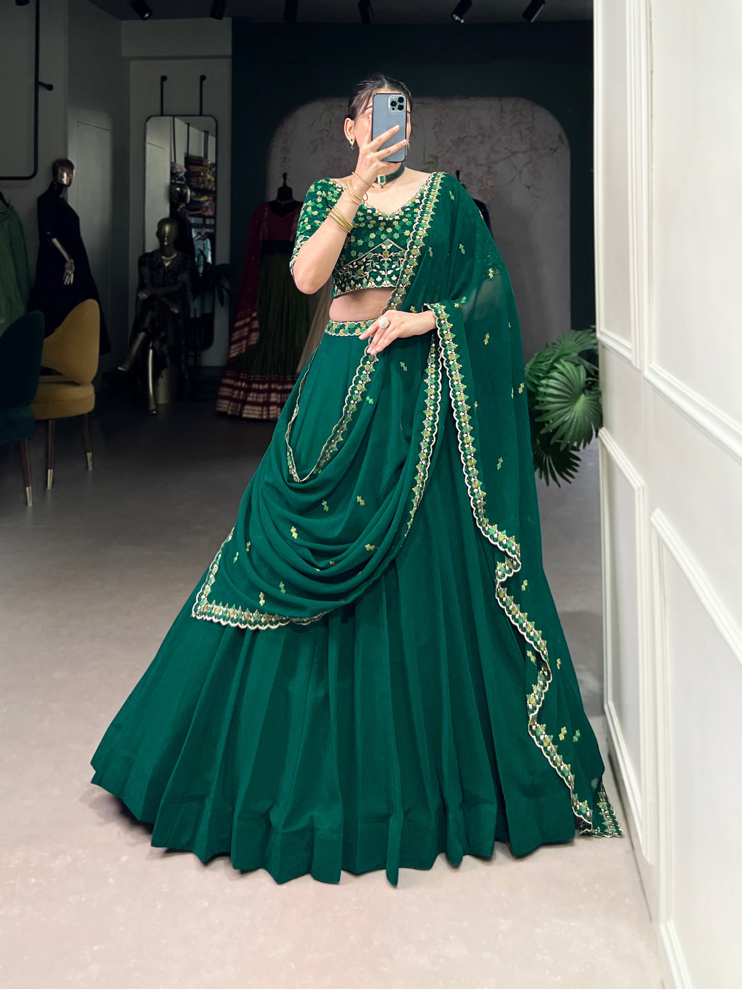 Lorenvalley Fashion Green Georgette Thread Embroidery Work Belt Lehenga Choli with Dupatta | Swadesiicart