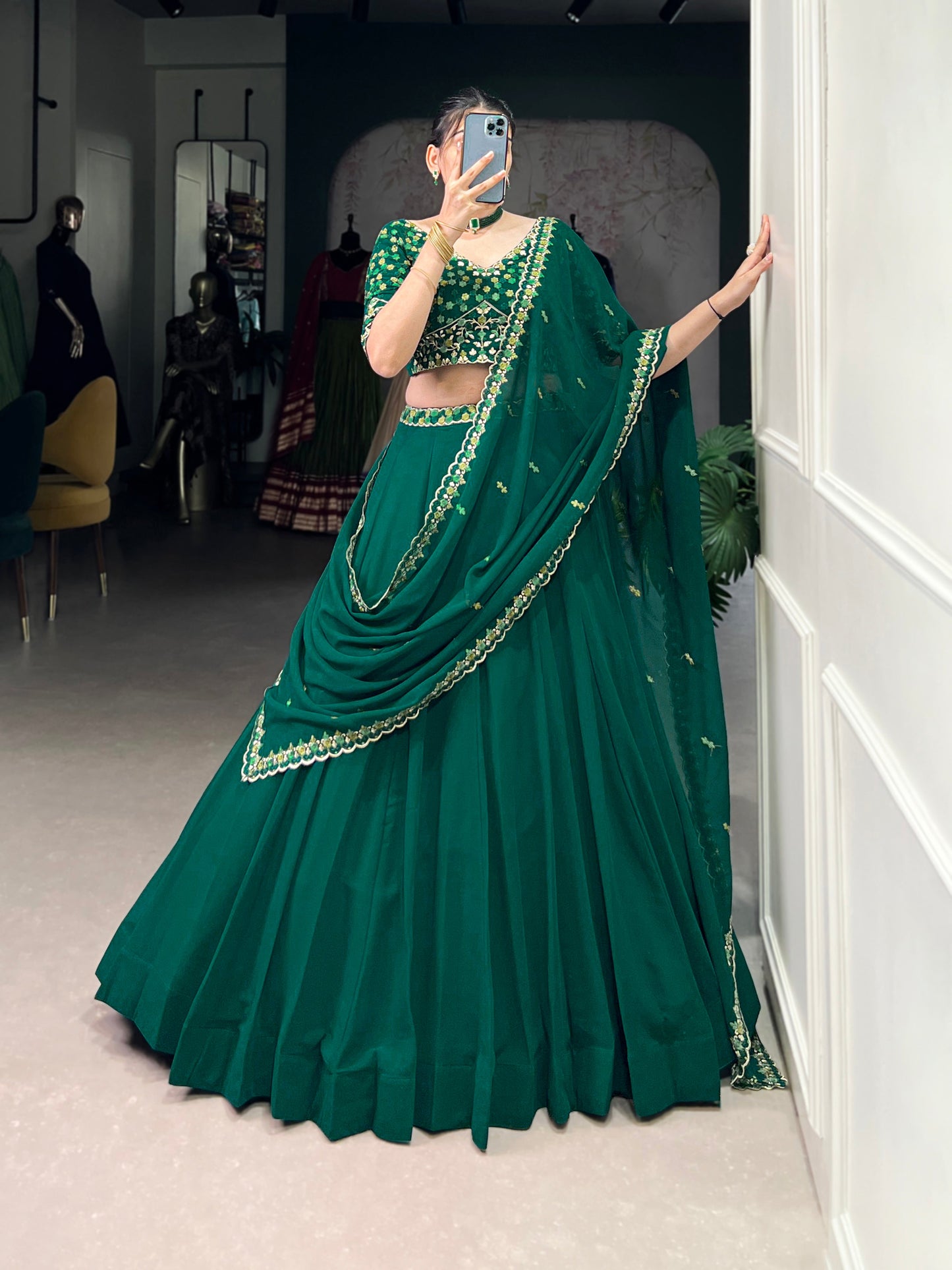 Lorenvalley Fashion Green Georgette Thread Embroidery Work Belt Lehenga Choli with Dupatta | Swadesiicart