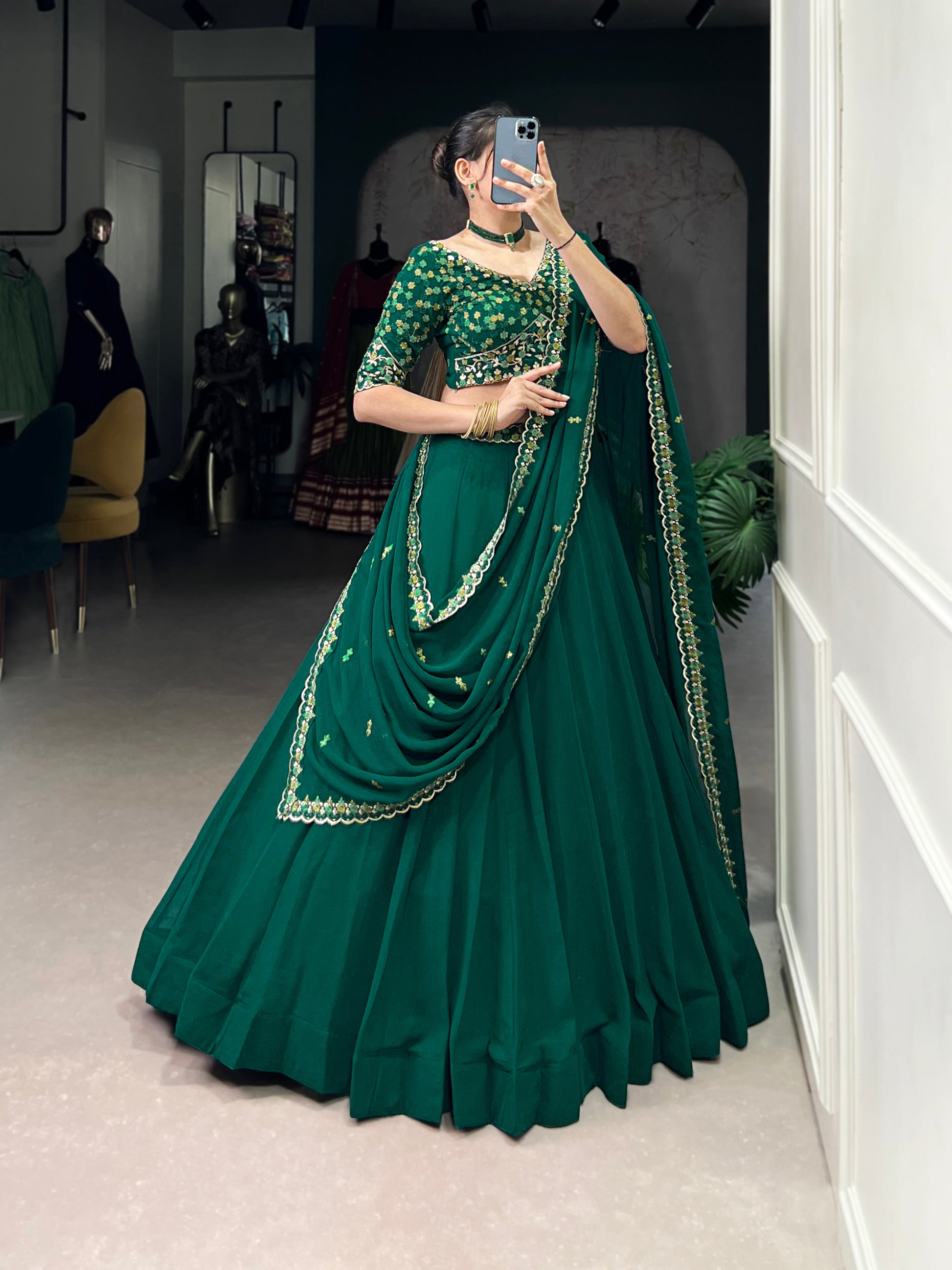 Lorenvalley Fashion Green Georgette Thread Embroidery Work Belt Lehenga Choli with Dupatta | Swadesiicart