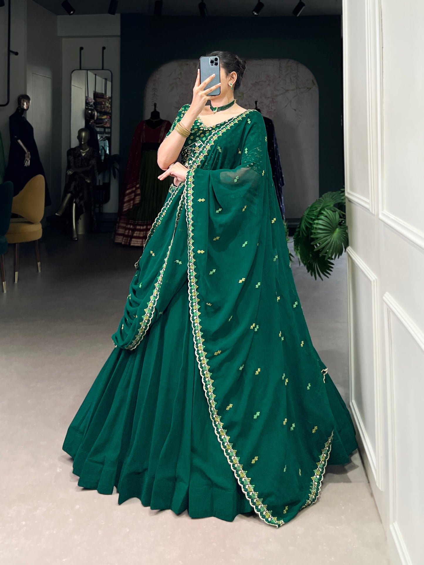 Lorenvalley Fashion Green Georgette Thread Embroidery Work Belt Lehenga Choli with Dupatta | Swadesiicart