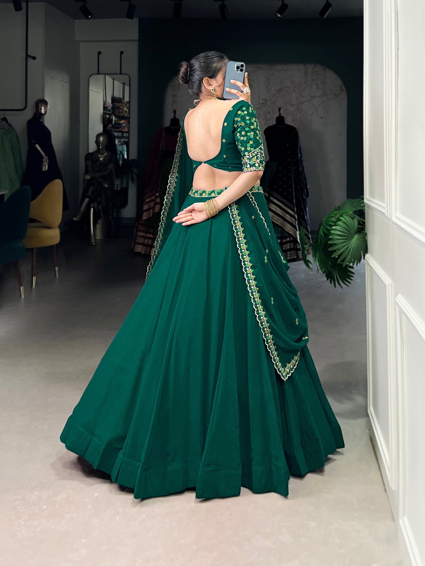 Lorenvalley Fashion Green Georgette Thread Embroidery Work Belt Lehenga Choli with Dupatta | Swadesiicart