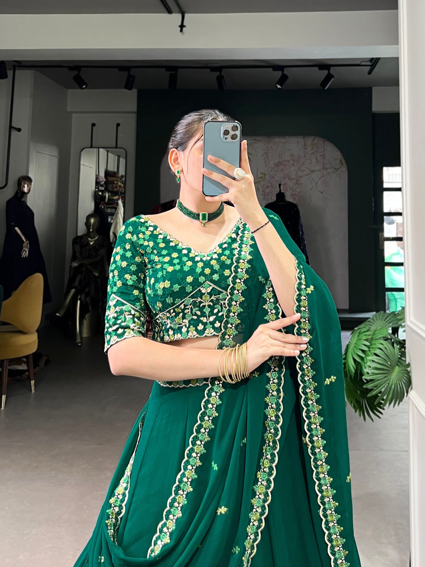 Lorenvalley Fashion Green Georgette Thread Embroidery Work Belt Lehenga Choli with Dupatta | Swadesiicart