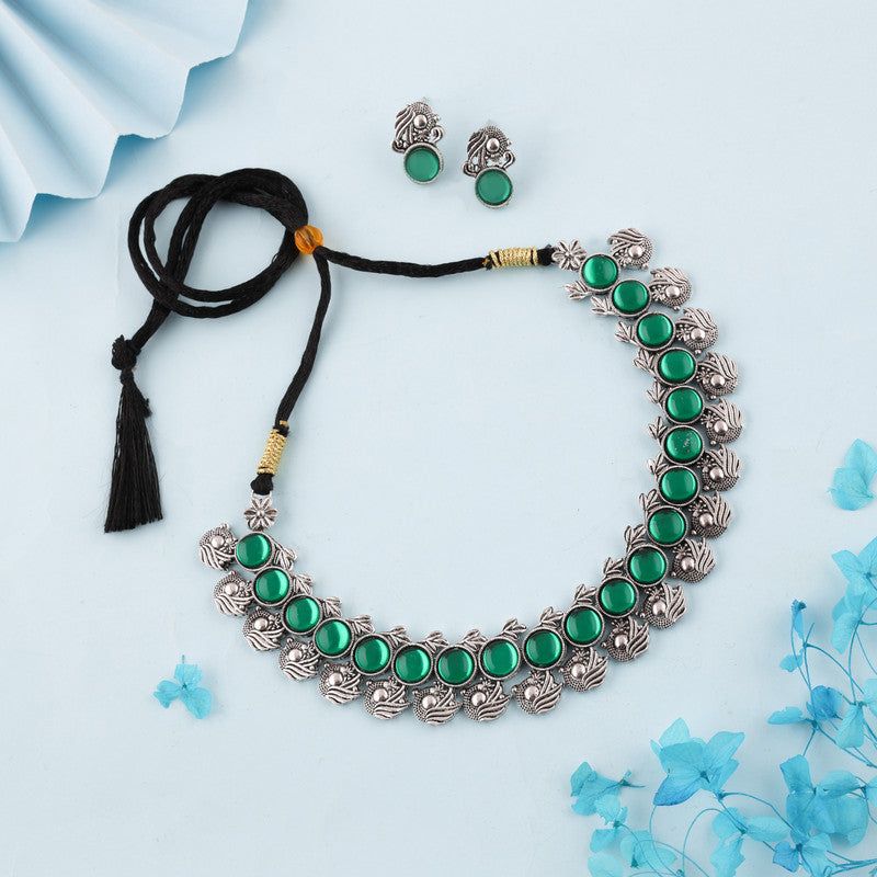 Tehzeeb Creations Silver Plated Green Colour Stone Jewellery Choker Necklace Set With Matching Pair of Stud Earrings - Swadesiicart