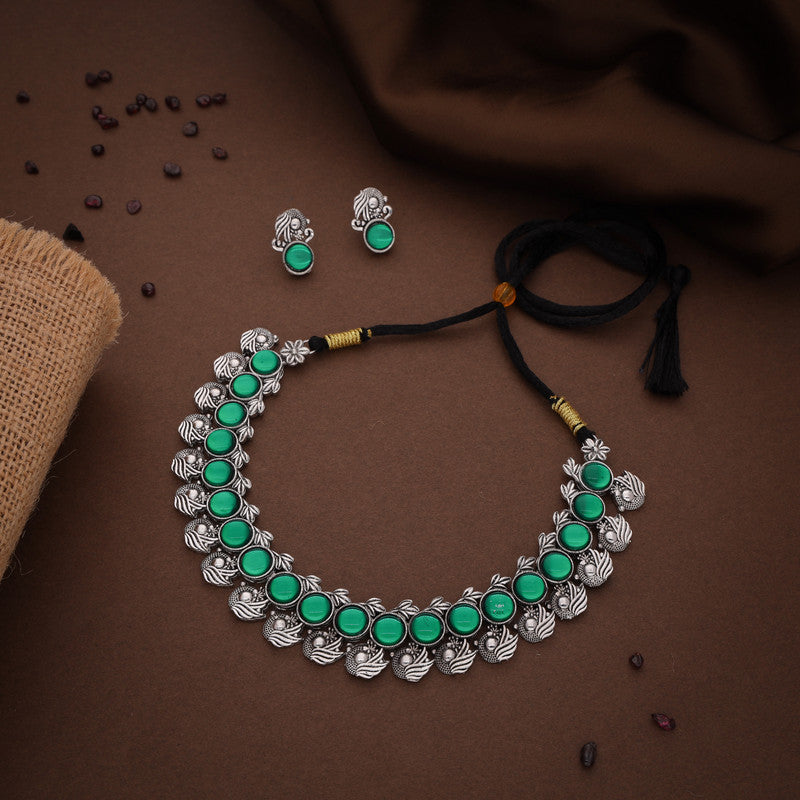 Tehzeeb Creations Silver Plated Green Colour Stone Jewellery Choker Necklace Set With Matching Pair of Stud Earrings - Swadesiicart