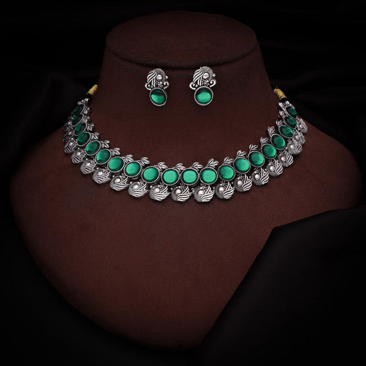 Tehzeeb Creations Silver Plated Green Colour Stone Jewellery Choker Necklace Set With Matching Pair of Stud Earrings - Swadesiicart