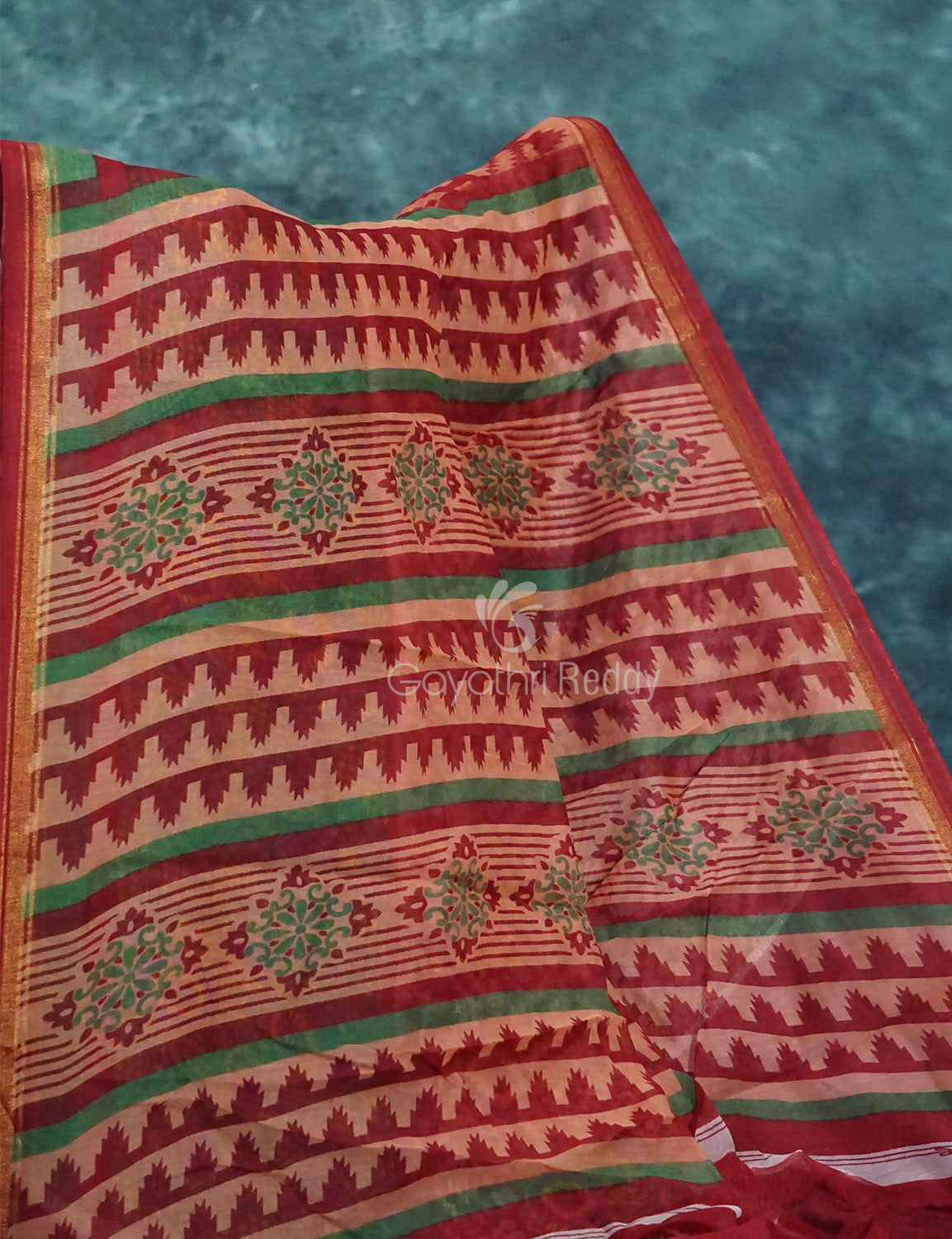 Mix of Orange and Teracotta Red Printed Semi Chanderi Saree By Gayathri Reddy Designer Studio | Swadesiicart