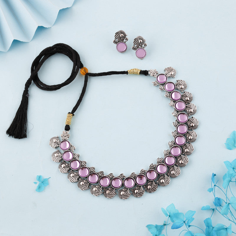 Tehzeeb Creations Silver Plated Lavender Colour Stone Jewellery Choker Necklace Set With Matching Pair of Stud Earrings - Swadesiicart