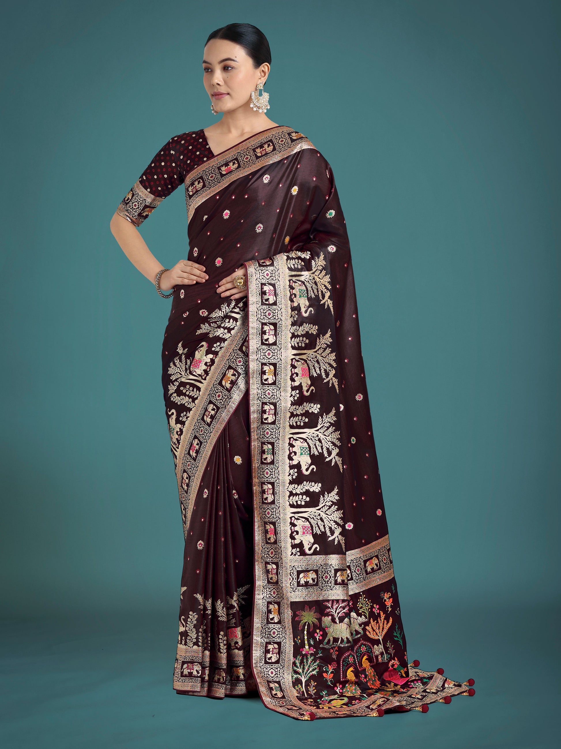 Monjolika Fashion Gorgeous Maroon Woven Banarasi Designer Satin Silk Saree | Swadesiicart
