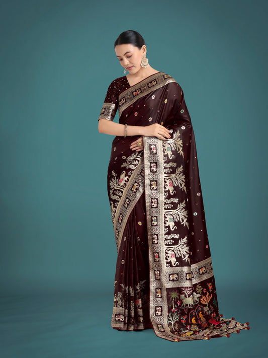 Monjolika Fashion Gorgeous Maroon Woven Banarasi Designer Satin Silk Saree | Swadesiicart