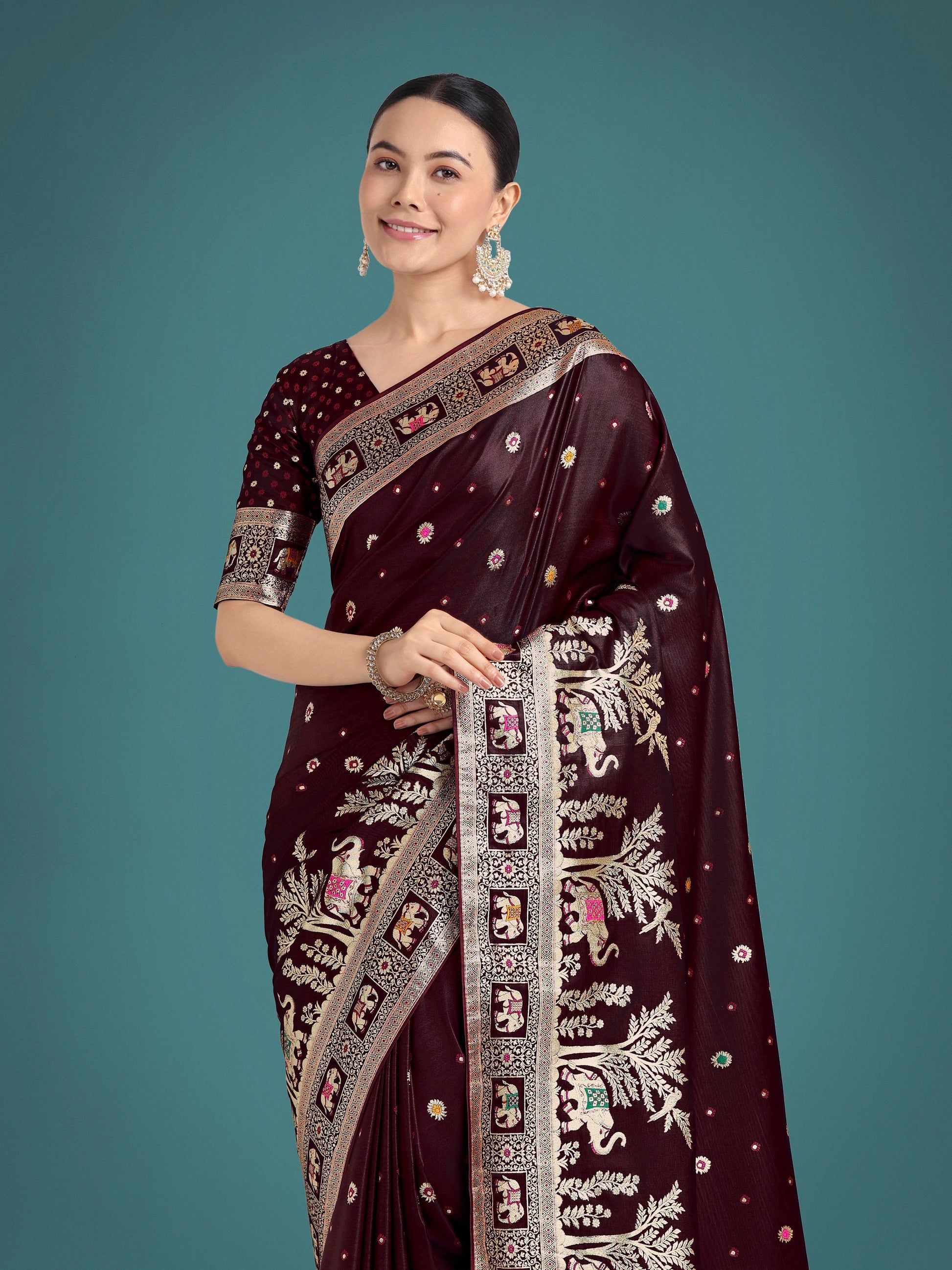Monjolika Fashion Gorgeous Maroon Woven Banarasi Designer Satin Silk Saree | Swadesiicart