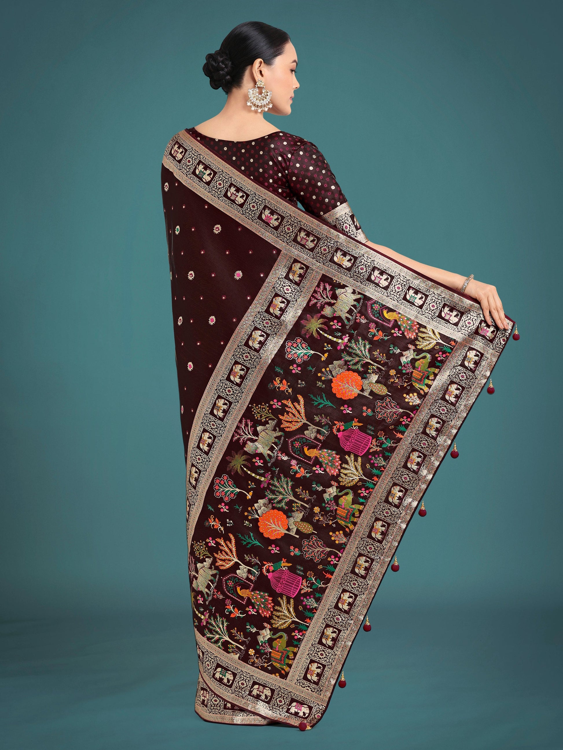 Monjolika Fashion Gorgeous Maroon Woven Banarasi Designer Satin Silk Saree | Swadesiicart