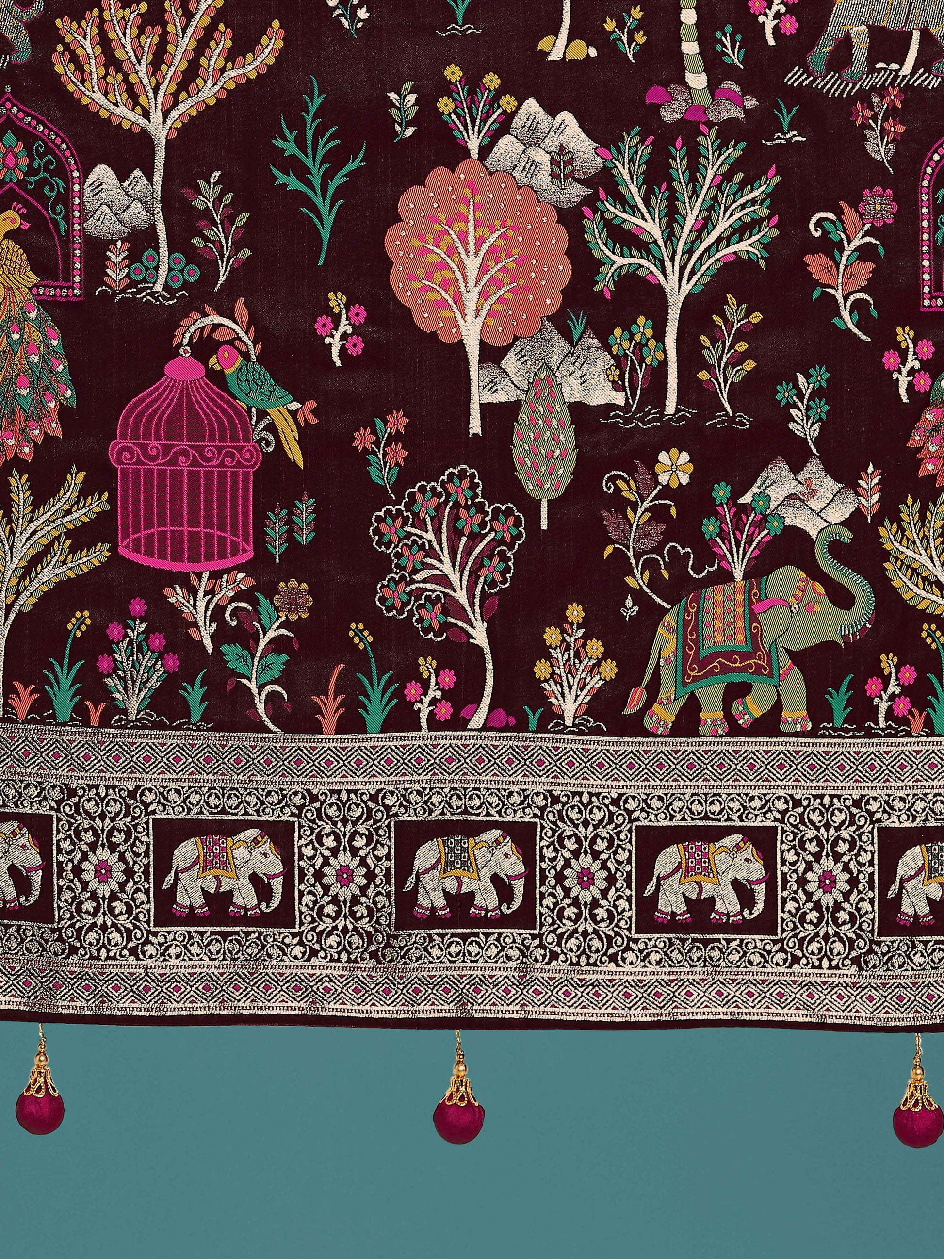 Monjolika Fashion Gorgeous Maroon Woven Banarasi Designer Satin Silk Saree | Swadesiicart