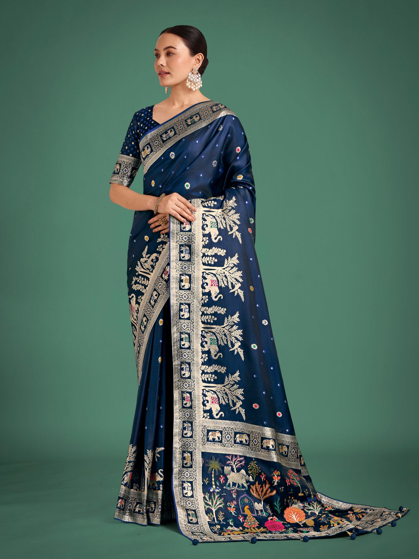 Monjolika Fashion Gorgeous Blue Woven Banarasi Designer Satin Silk Saree | Swadesiicart