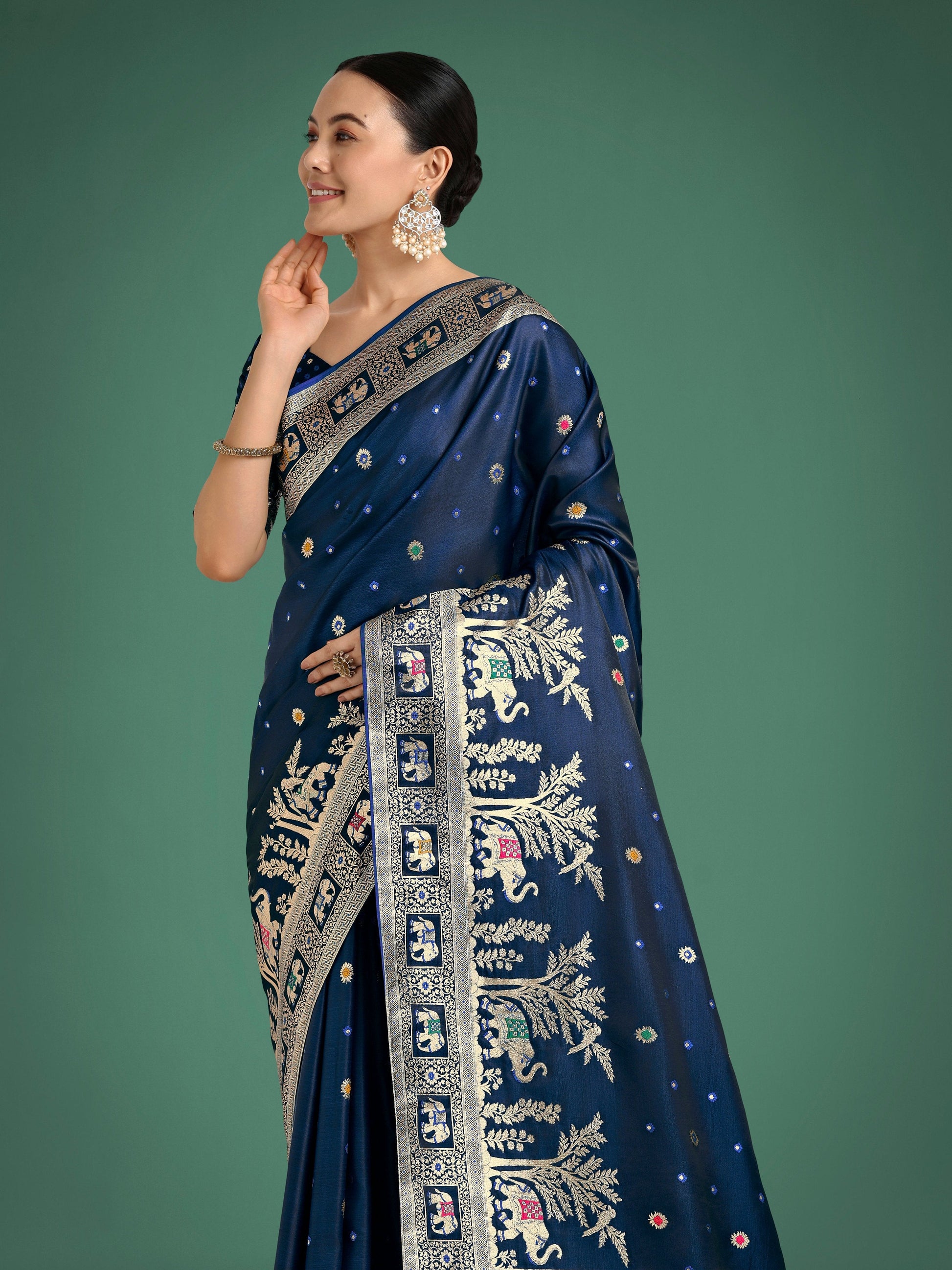 Monjolika Fashion Gorgeous Blue Woven Banarasi Designer Satin Silk Saree | Swadesiicart