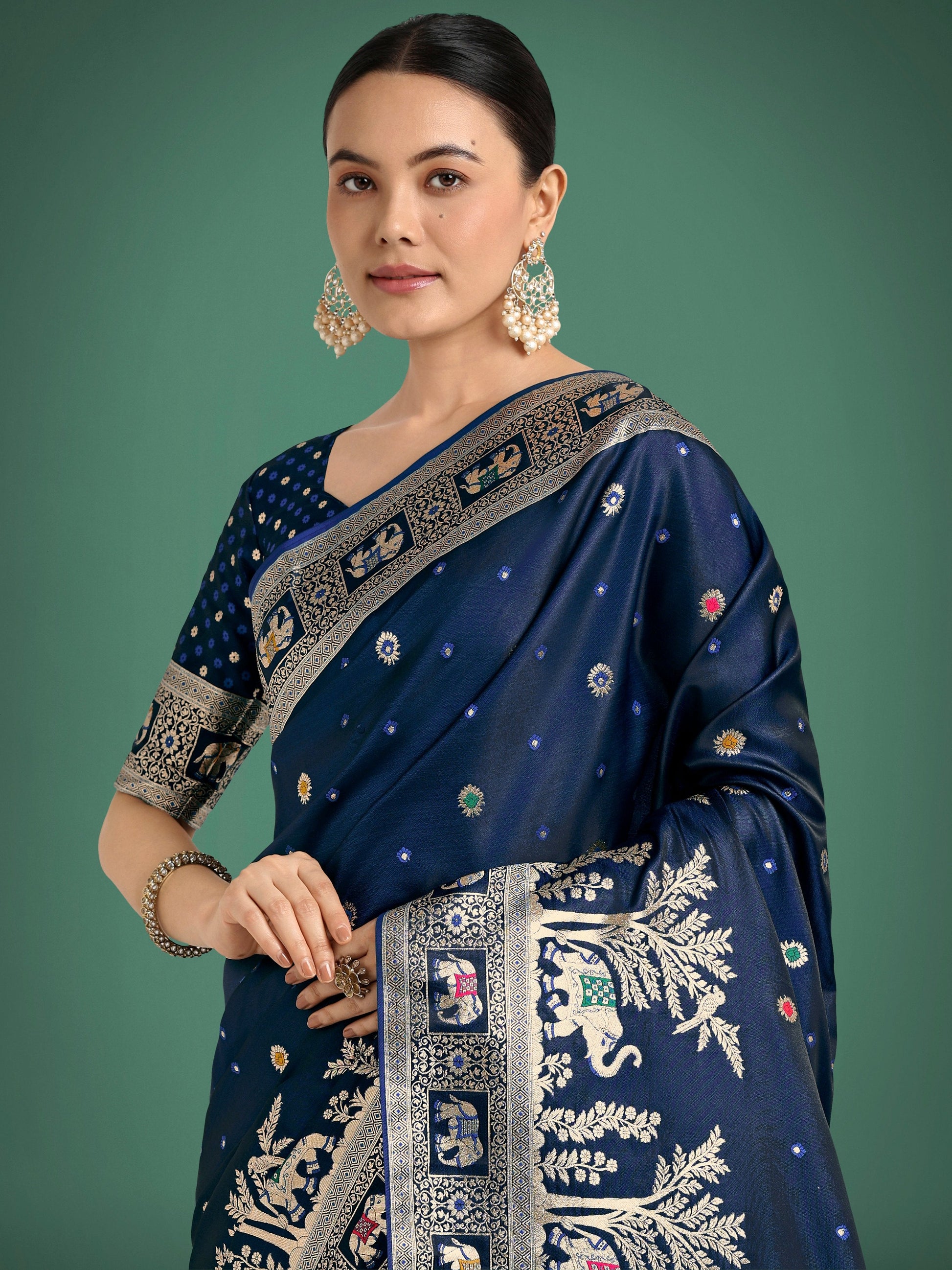 Monjolika Fashion Gorgeous Blue Woven Banarasi Designer Satin Silk Saree | Swadesiicart