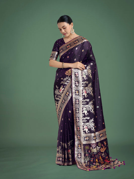 Monjolika Fashion Gorgeous Purple Woven Banarasi Designer Satin Silk Saree | Swadesiicart