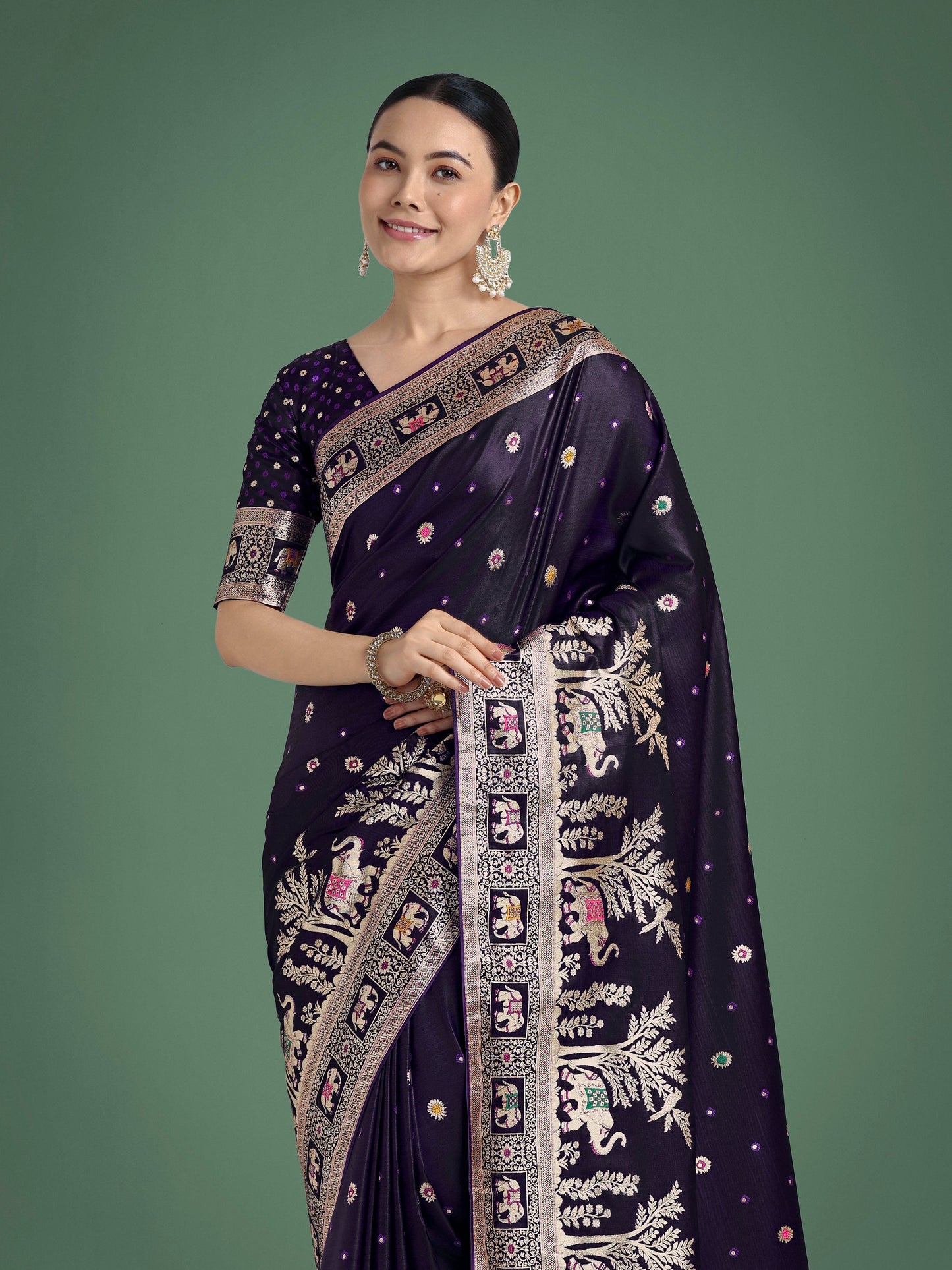 Monjolika Fashion Gorgeous Purple Woven Banarasi Designer Satin Silk Saree | Swadesiicart