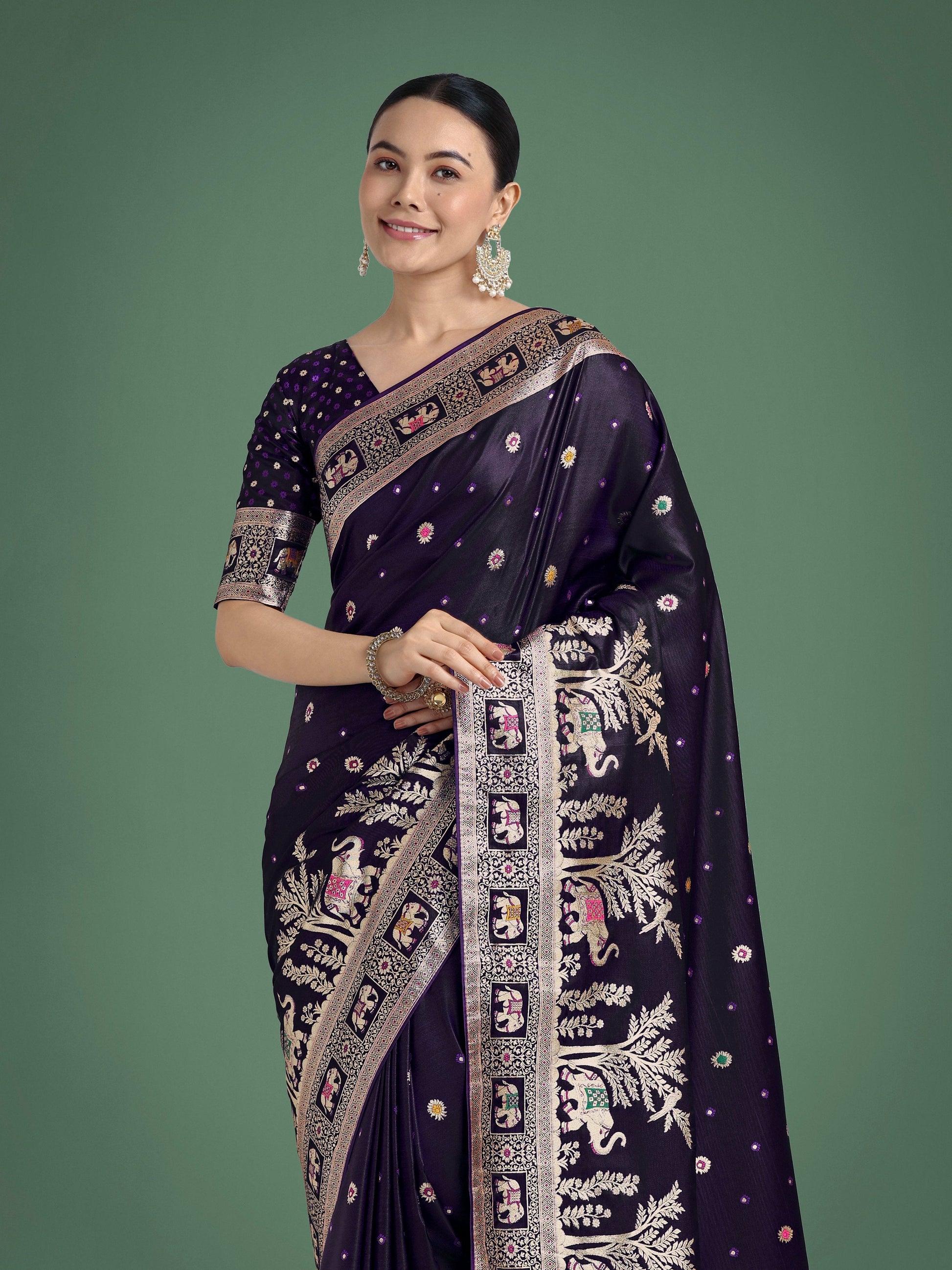Monjolika Fashion Gorgeous Purple Woven Banarasi Designer Satin Silk Saree | Swadesiicart