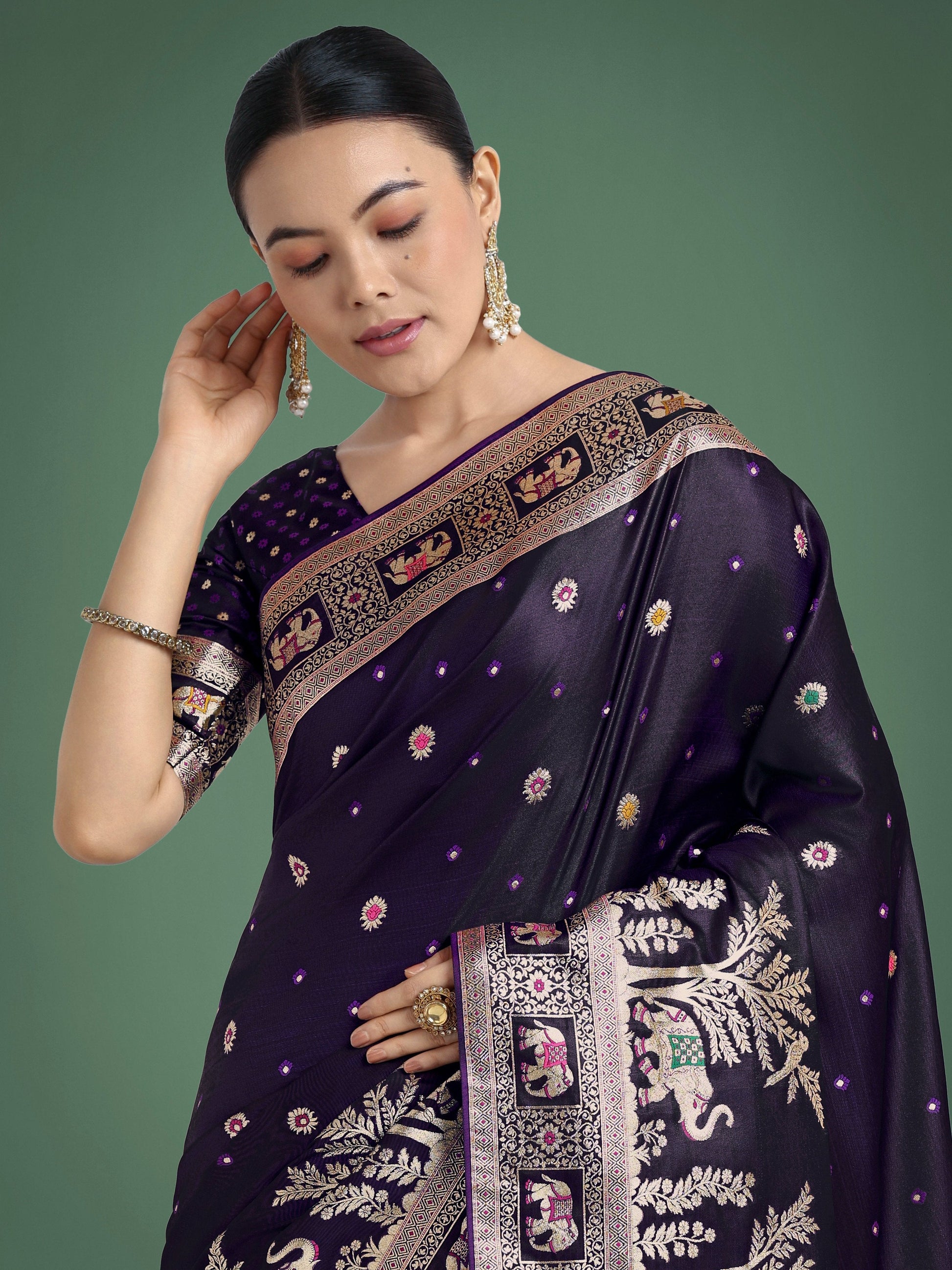 Monjolika Fashion Gorgeous Purple Woven Banarasi Designer Satin Silk Saree | Swadesiicart