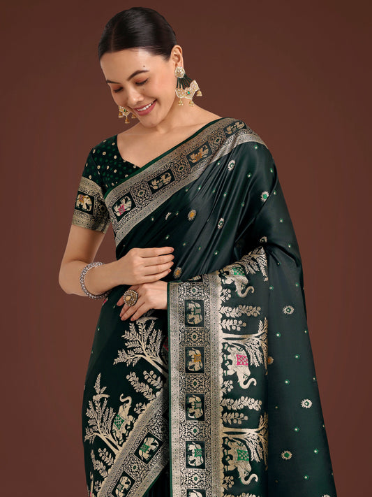 Monjolika Fashion Gorgeous Dark Green Woven Banarasi Designer Satin Silk Saree | Swadesiicart
