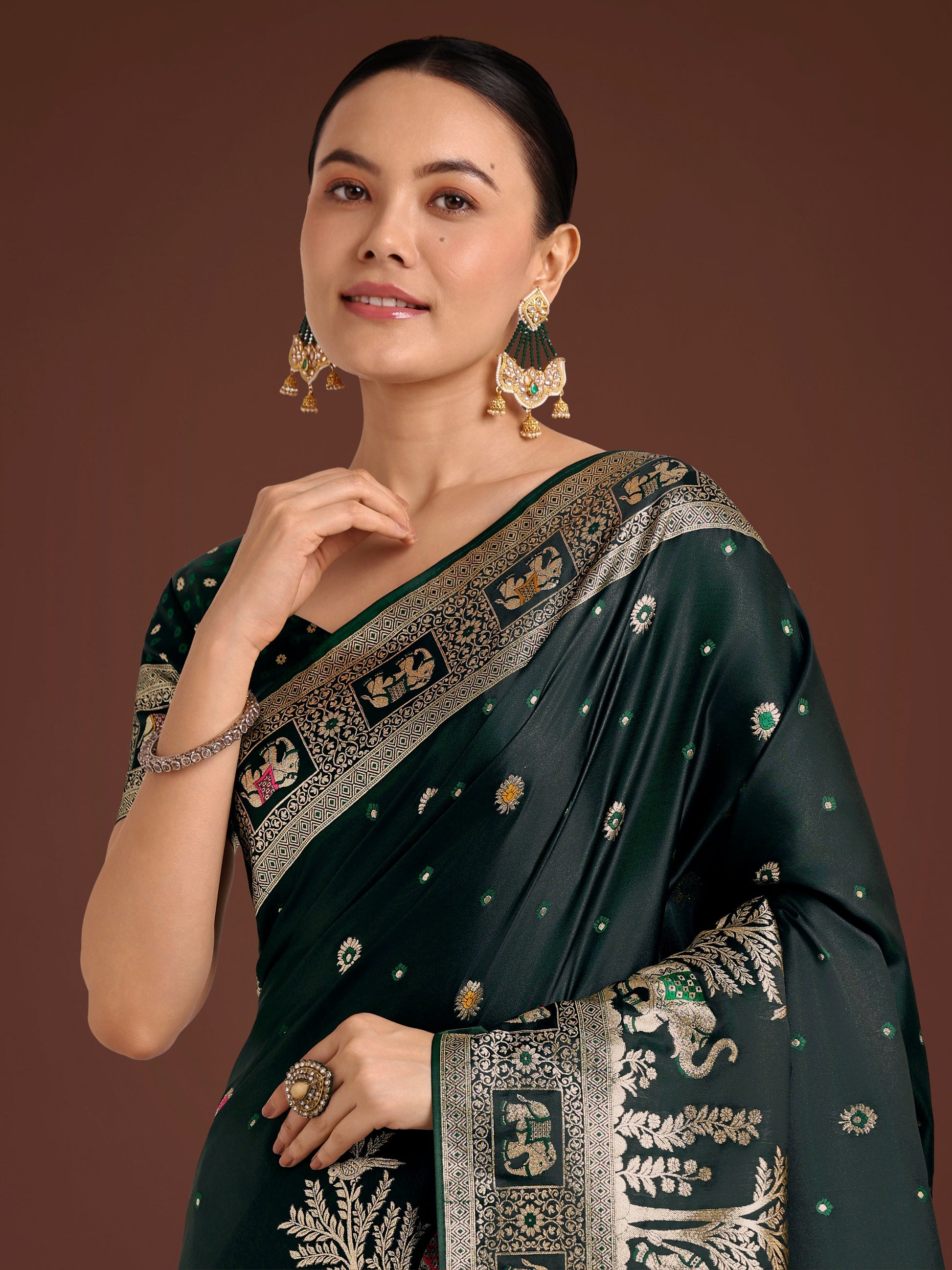 Monjolika Fashion Gorgeous Dark Green Woven Banarasi Designer Satin Silk Saree | Swadesiicart