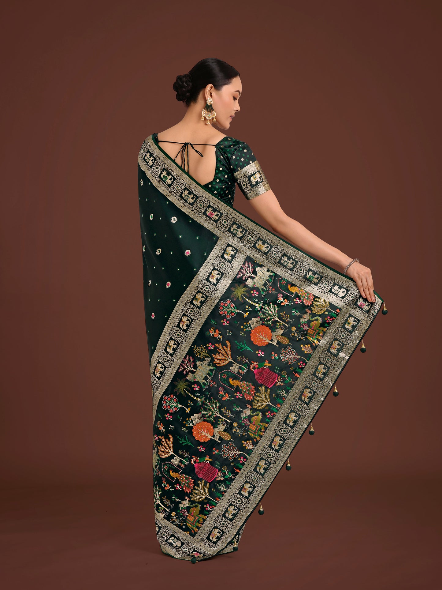 Monjolika Fashion Gorgeous Dark Green Woven Banarasi Designer Satin Silk Saree | Swadesiicart