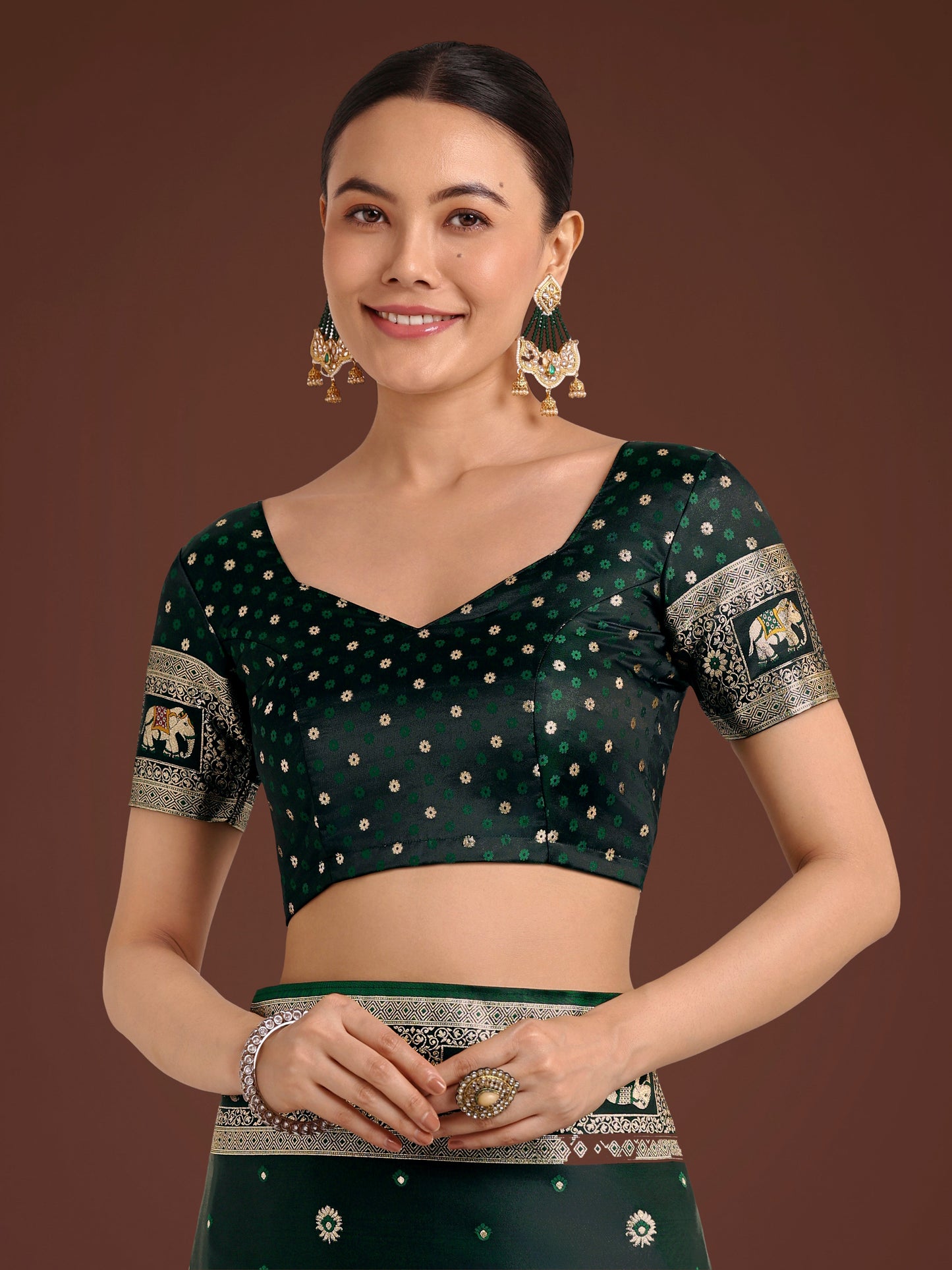 Monjolika Fashion Gorgeous Dark Green Woven Banarasi Designer Satin Silk Saree | Swadesiicart