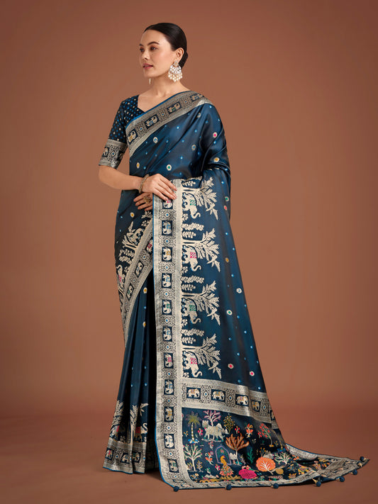 Monjolika Fashion Gorgeous Dark Teal Woven Banarasi Designer Satin Silk Saree | Swadesiicart