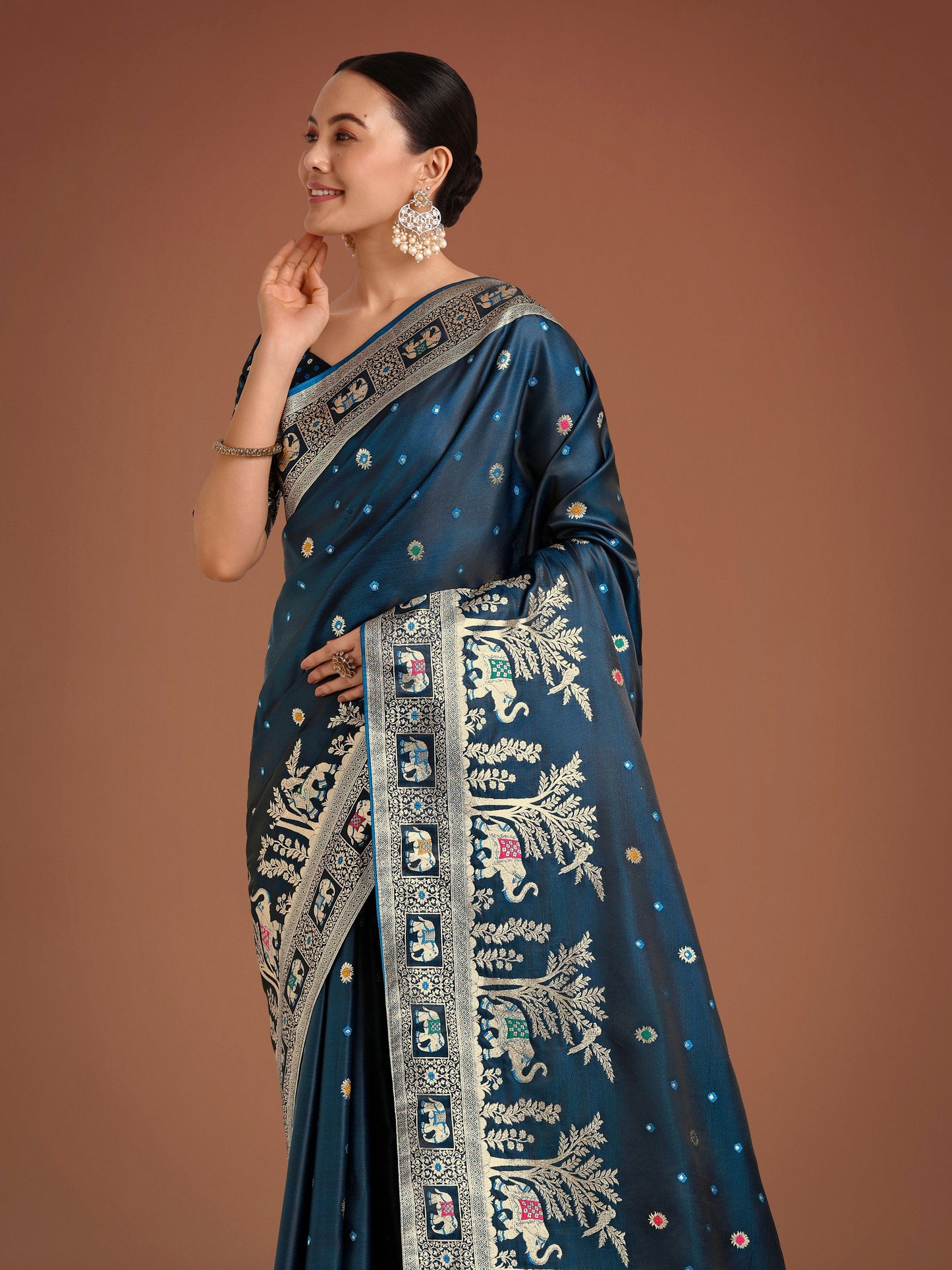Monjolika Fashion Gorgeous Dark Teal Woven Banarasi Designer Satin Silk Saree | Swadesiicart