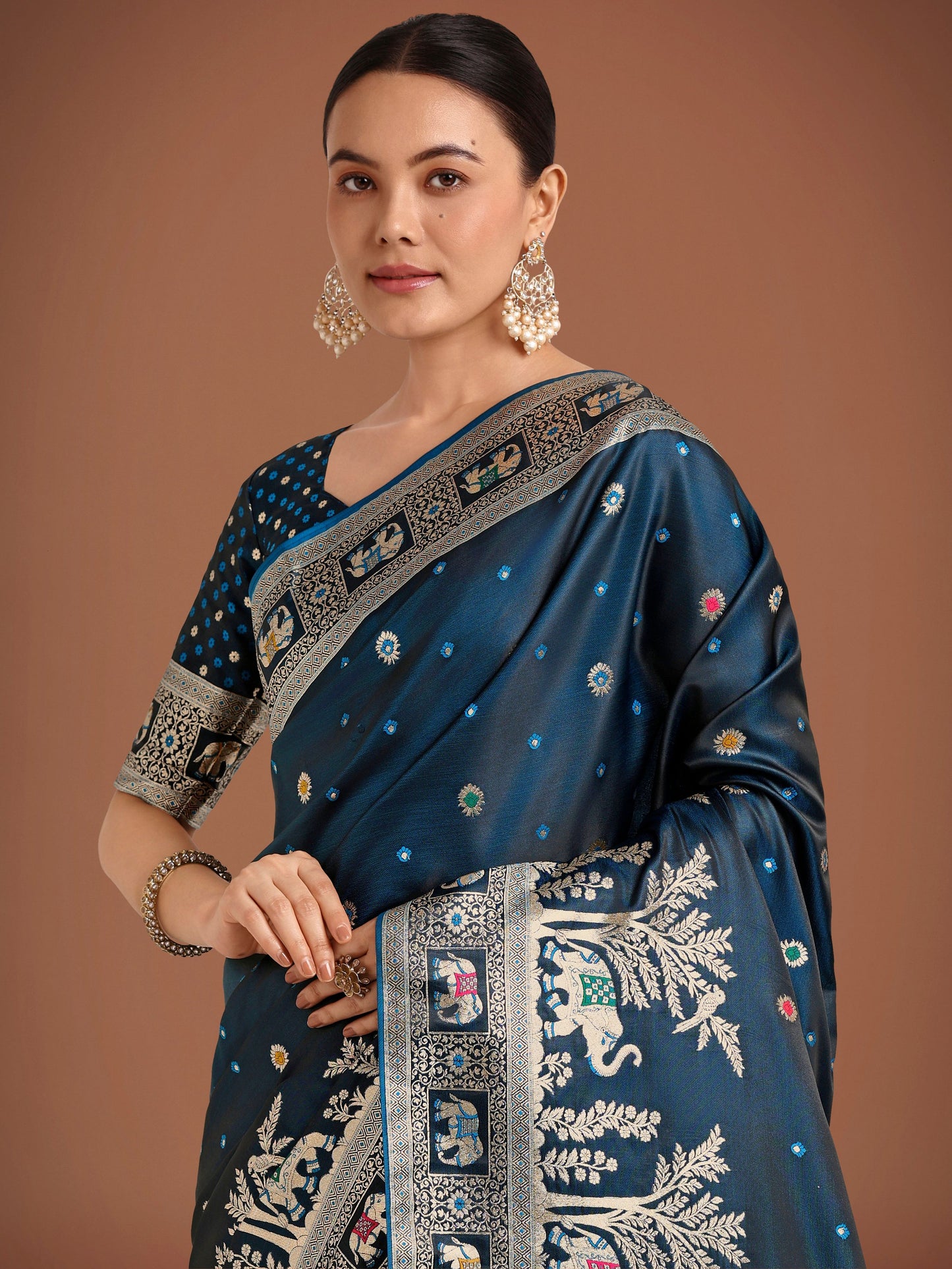Monjolika Fashion Gorgeous Dark Teal Woven Banarasi Designer Satin Silk Saree | Swadesiicart