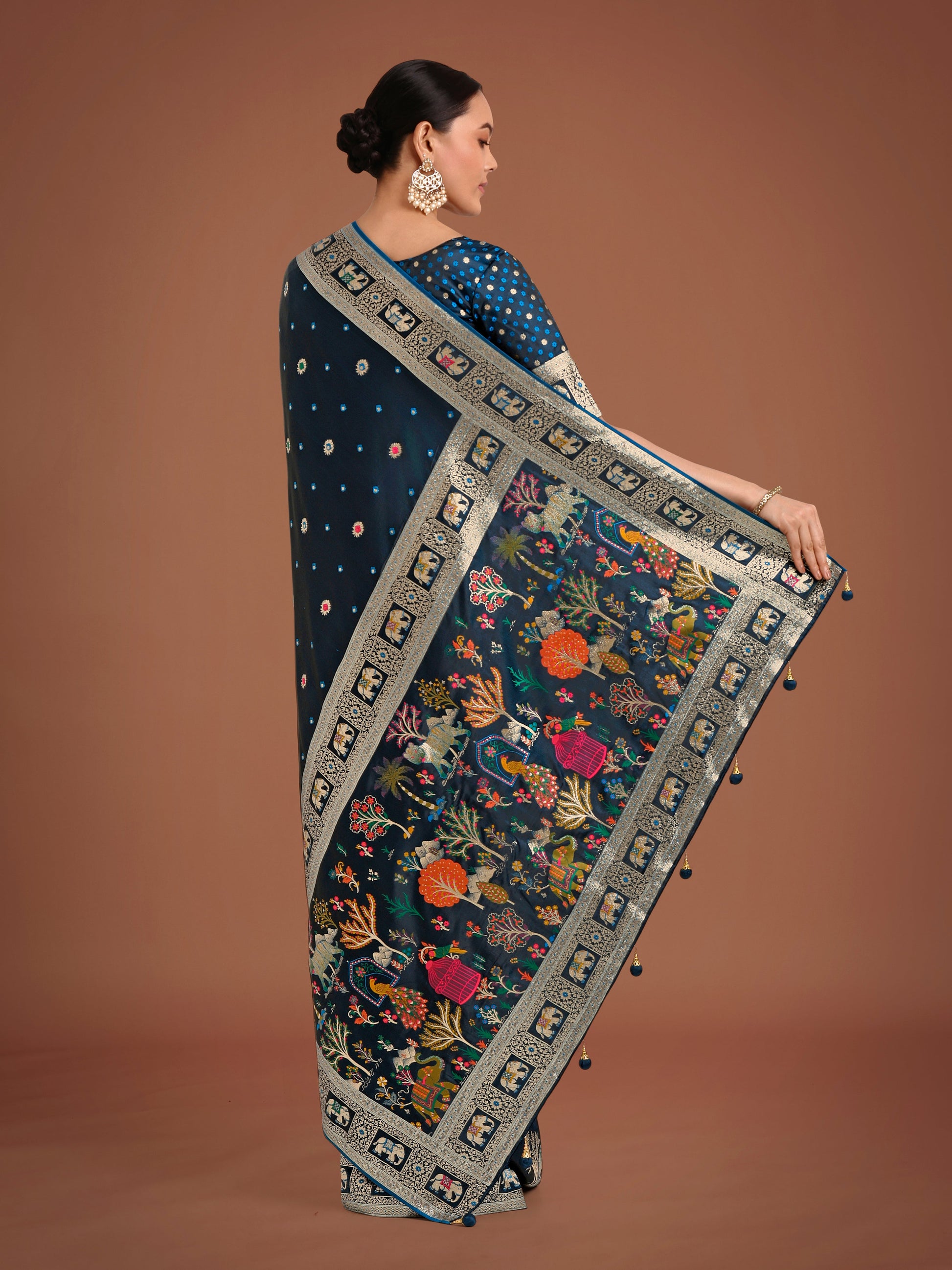 Monjolika Fashion Gorgeous Dark Teal Woven Banarasi Designer Satin Silk Saree | Swadesiicart