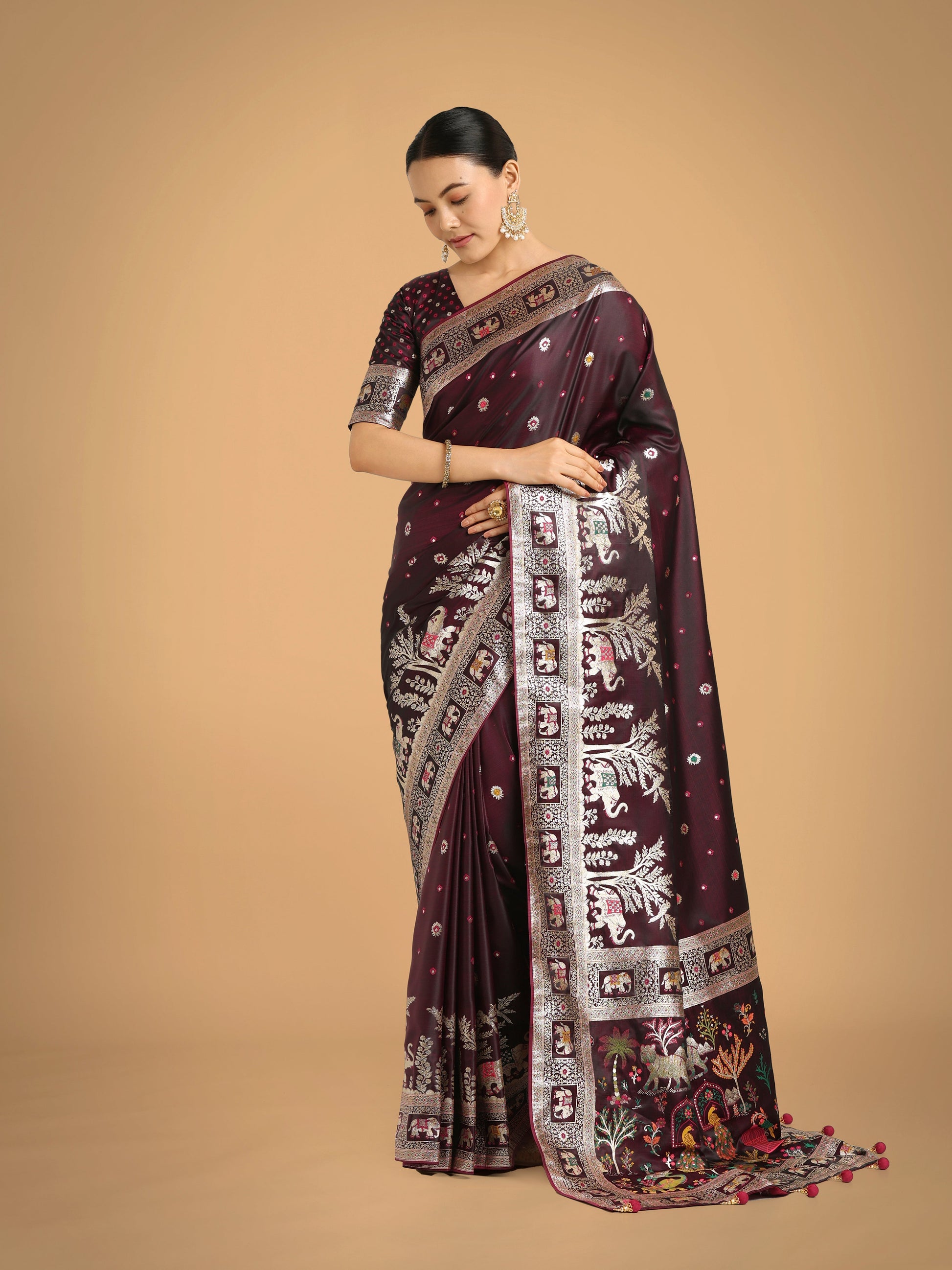 Monjolika Fashion Gorgeous Wine Woven Banarasi Designer Satin Silk Saree | Swadesiicart