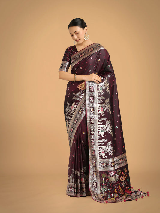 Monjolika Fashion Gorgeous Wine Woven Banarasi Designer Satin Silk Saree | Swadesiicart