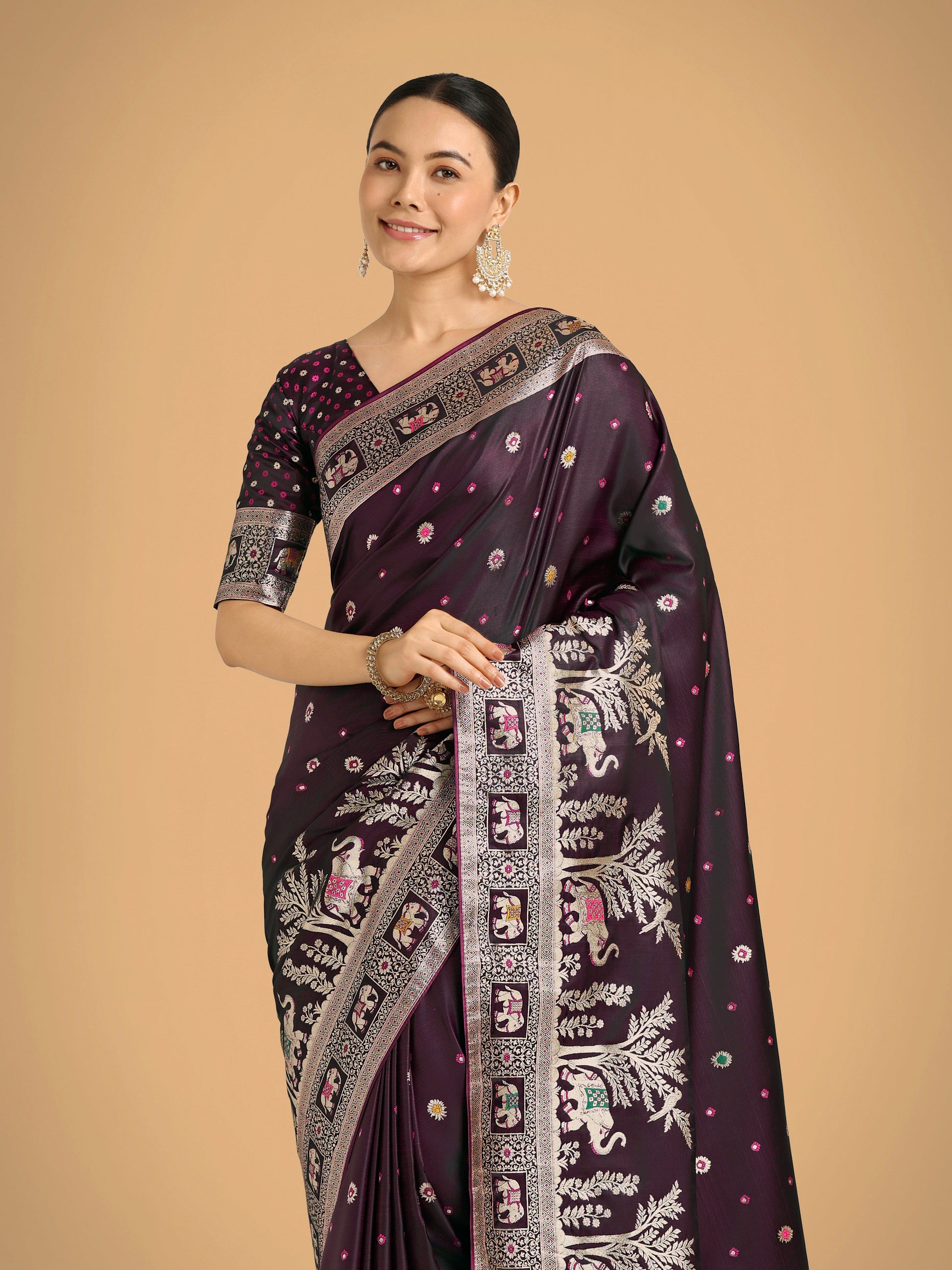 Monjolika Fashion Gorgeous Wine Woven Banarasi Designer Satin Silk Saree | Swadesiicart