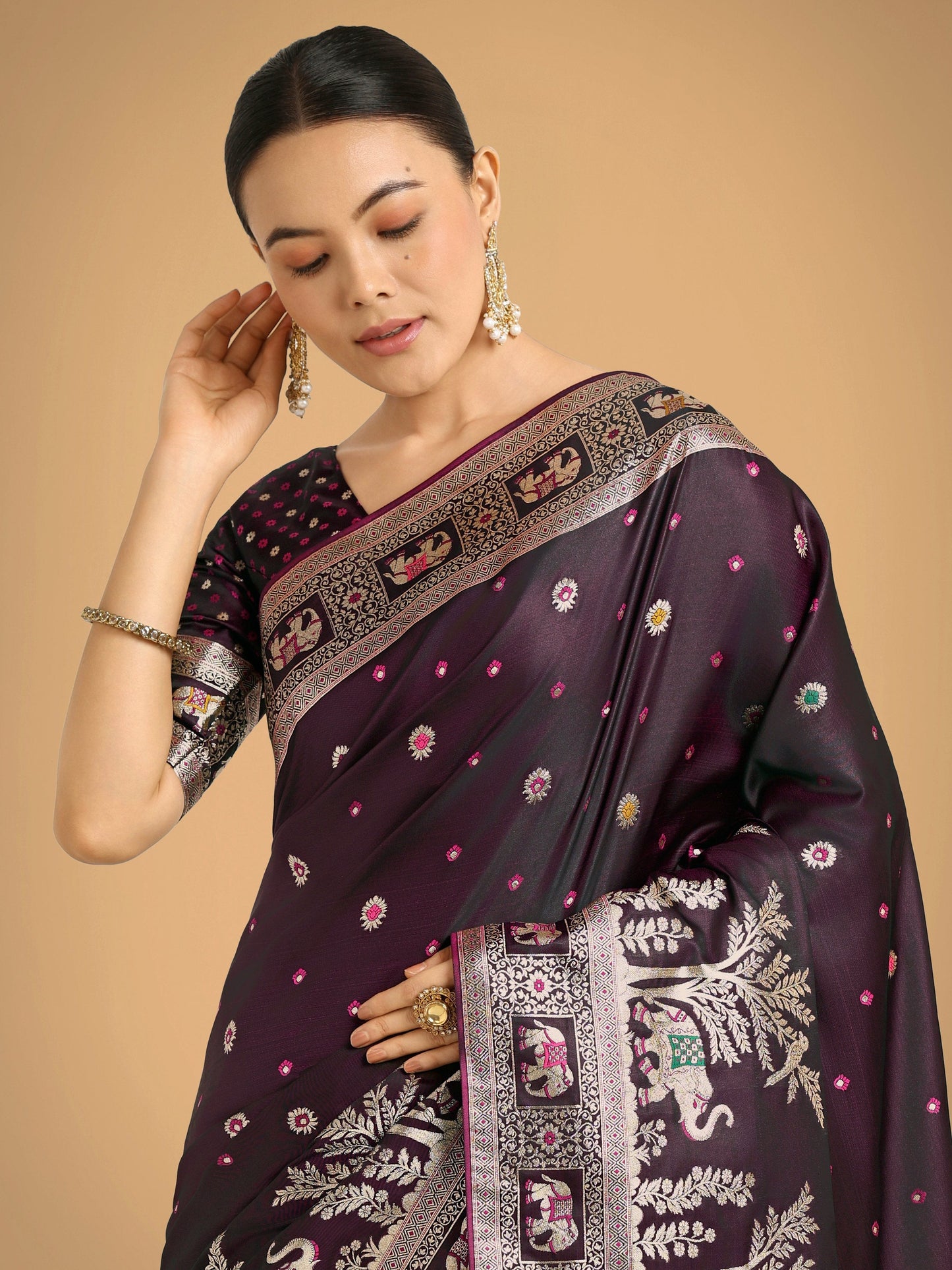 Monjolika Fashion Gorgeous Wine Woven Banarasi Designer Satin Silk Saree | Swadesiicart
