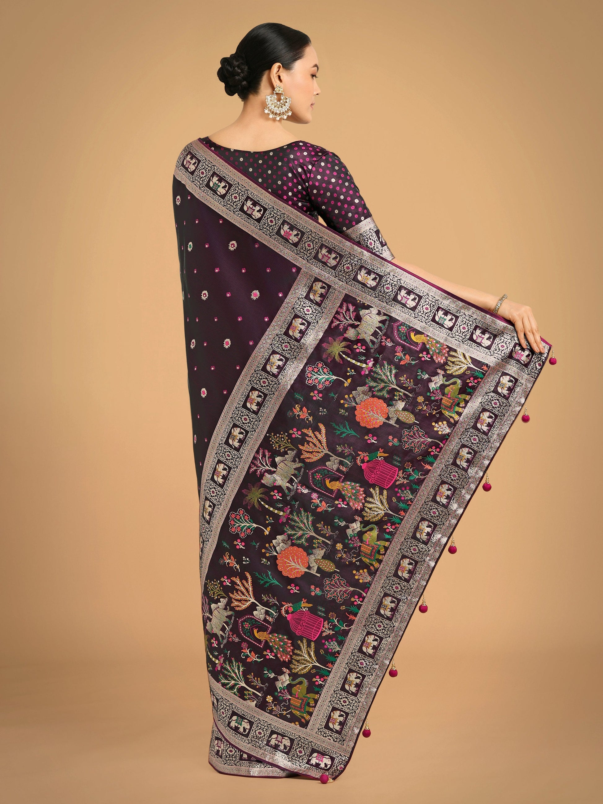 Monjolika Fashion Gorgeous Wine Woven Banarasi Designer Satin Silk Saree | Swadesiicart