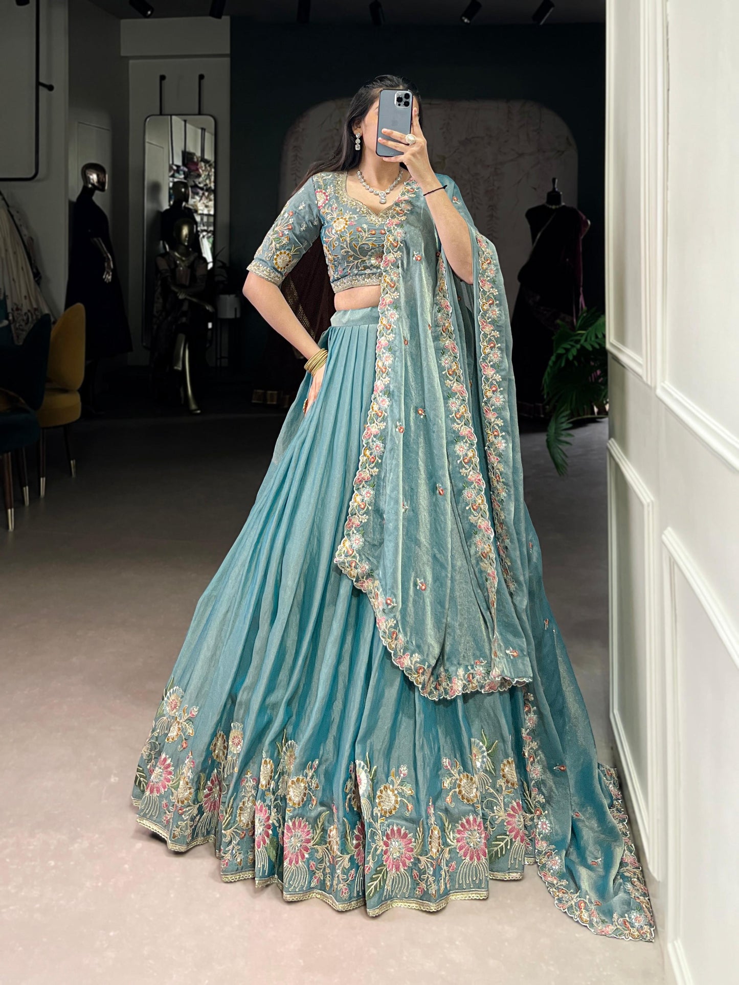 Lorenvalley Fashion Skyblue Zari Shimmer Sequins and Thread Embroidery Work Lehenga Choli with Dupatta - Swadesiicart