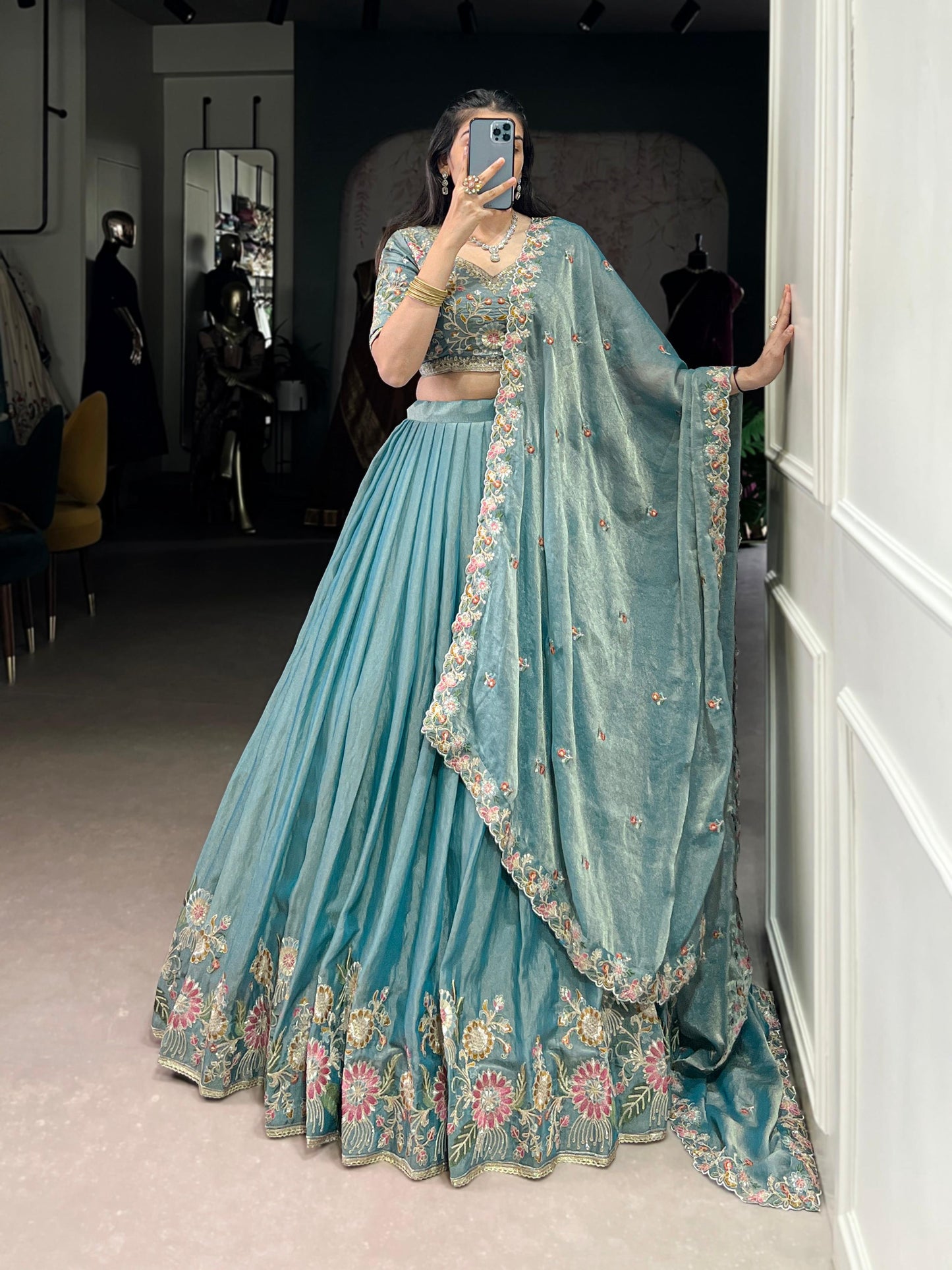 Lorenvalley Fashion Skyblue Zari Shimmer Sequins and Thread Embroidery Work Lehenga Choli with Dupatta - Swadesiicart