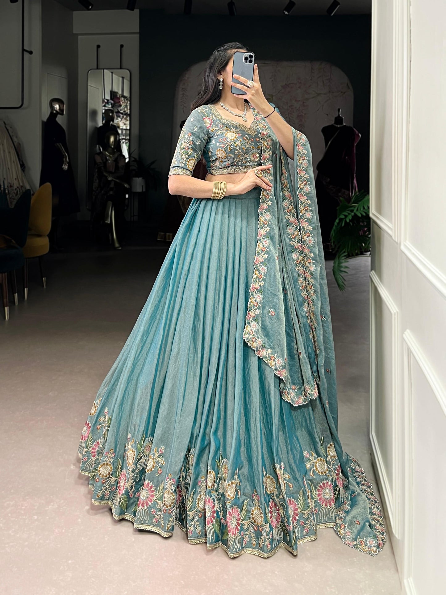 Lorenvalley Fashion Skyblue Zari Shimmer Sequins and Thread Embroidery Work Lehenga Choli with Dupatta - Swadesiicart