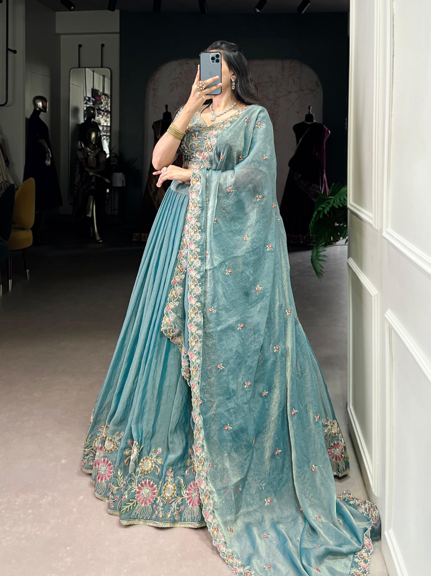 Lorenvalley Fashion Skyblue Zari Shimmer Sequins and Thread Embroidery Work Lehenga Choli with Dupatta - Swadesiicart