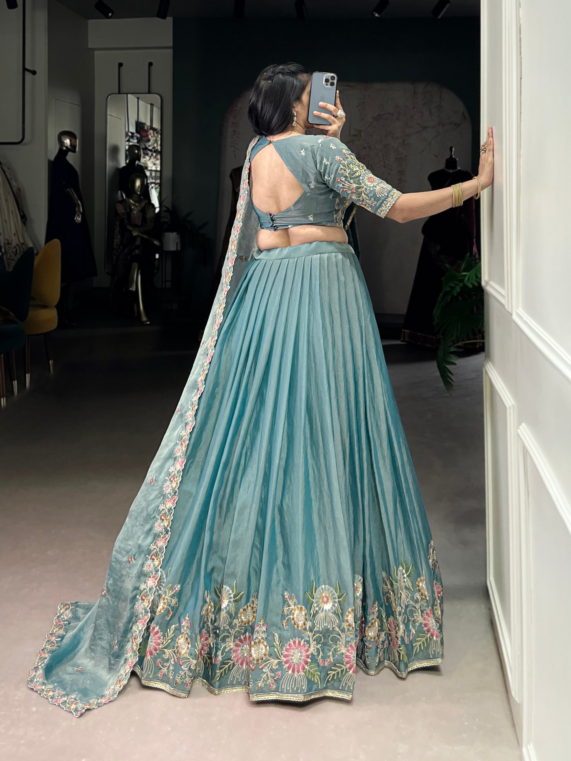 Lorenvalley Fashion Skyblue Zari Shimmer Sequins and Thread Embroidery Work Lehenga Choli with Dupatta - Swadesiicart