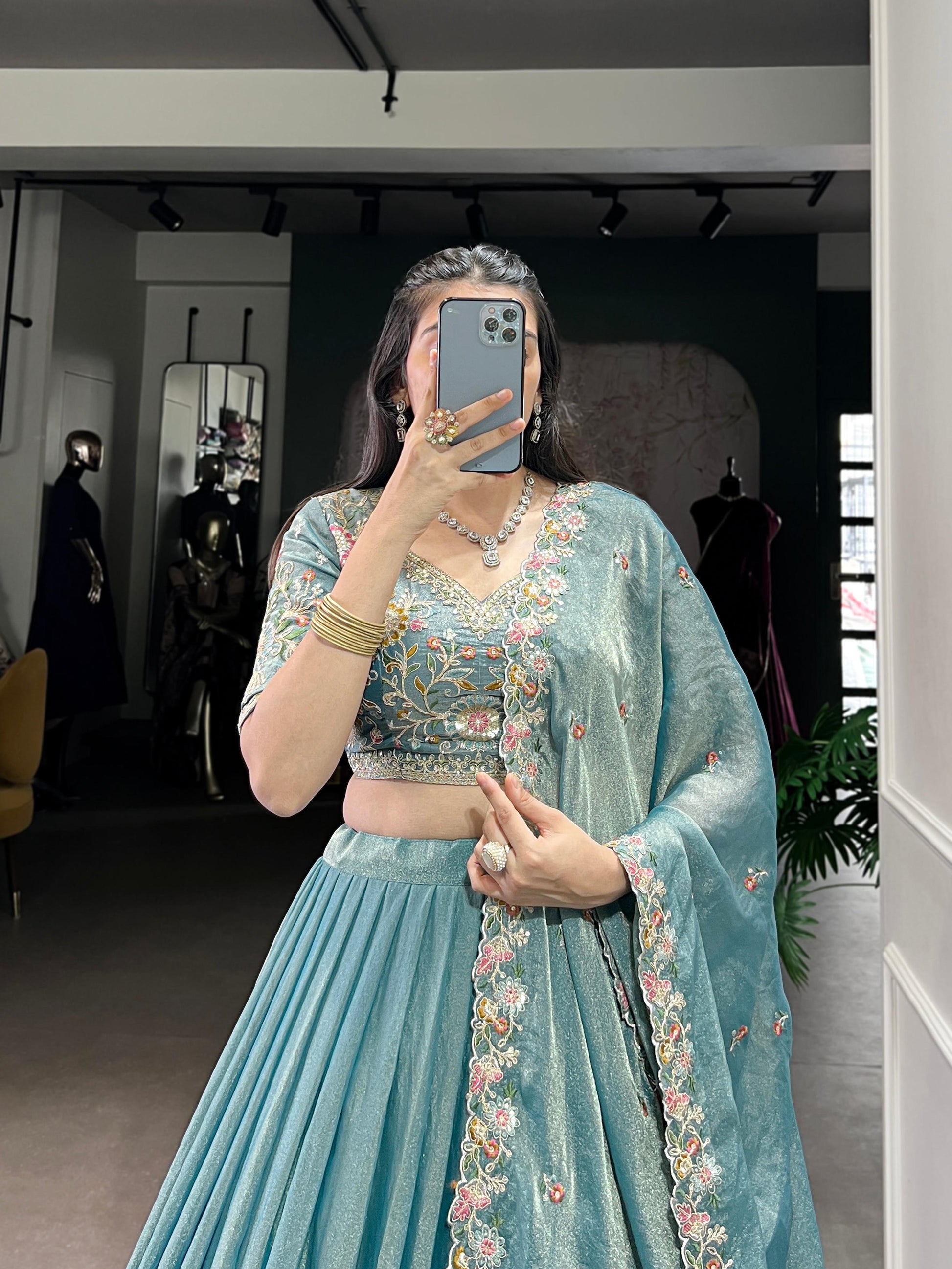 Lorenvalley Fashion Skyblue Zari Shimmer Sequins and Thread Embroidery Work Lehenga Choli with Dupatta - Swadesiicart
