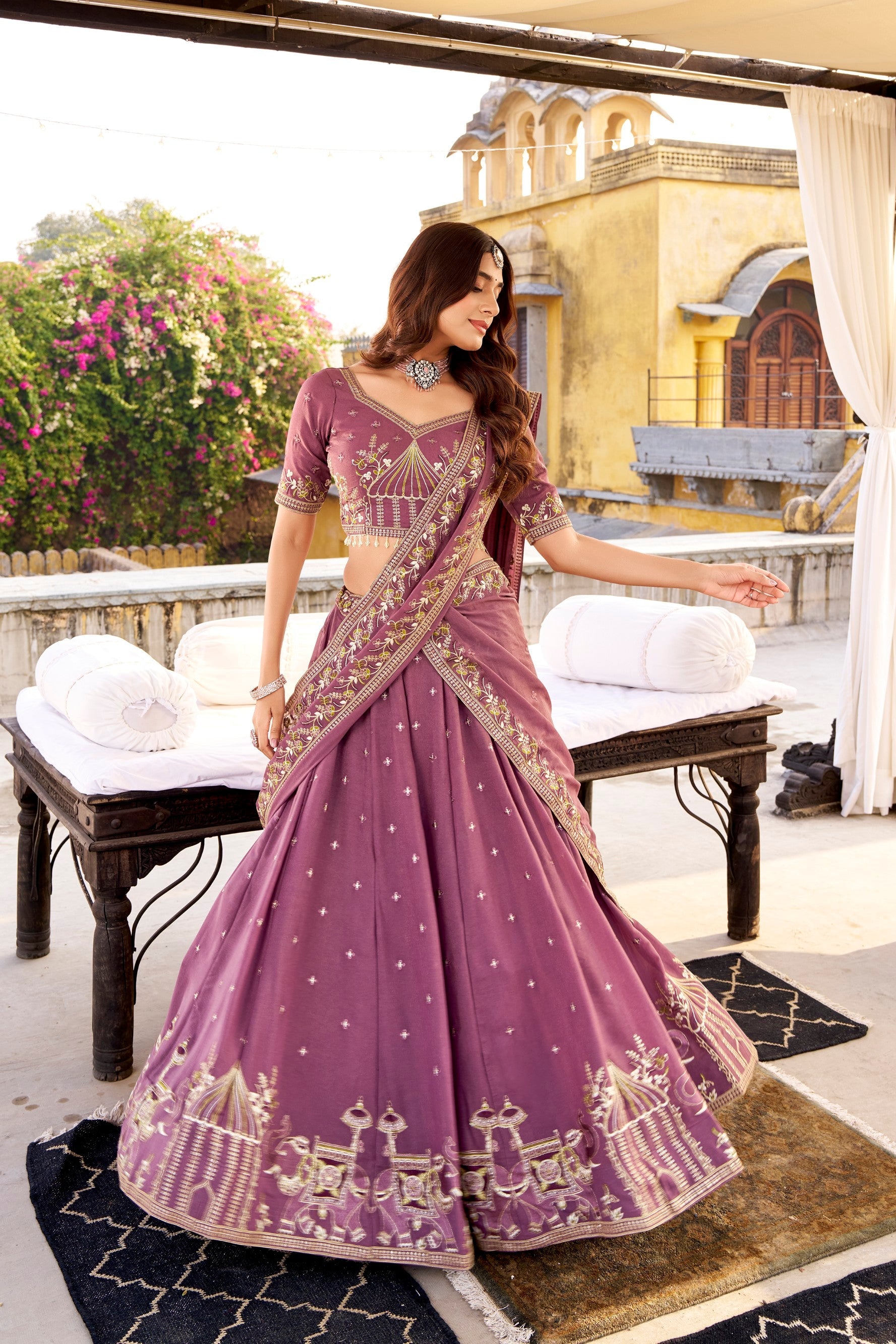 Lorenvalley Fashion Lavender Crush Silk Sequins and Thread Embroidery Work Lehenga Choli with Dupatta - Swadesiicart