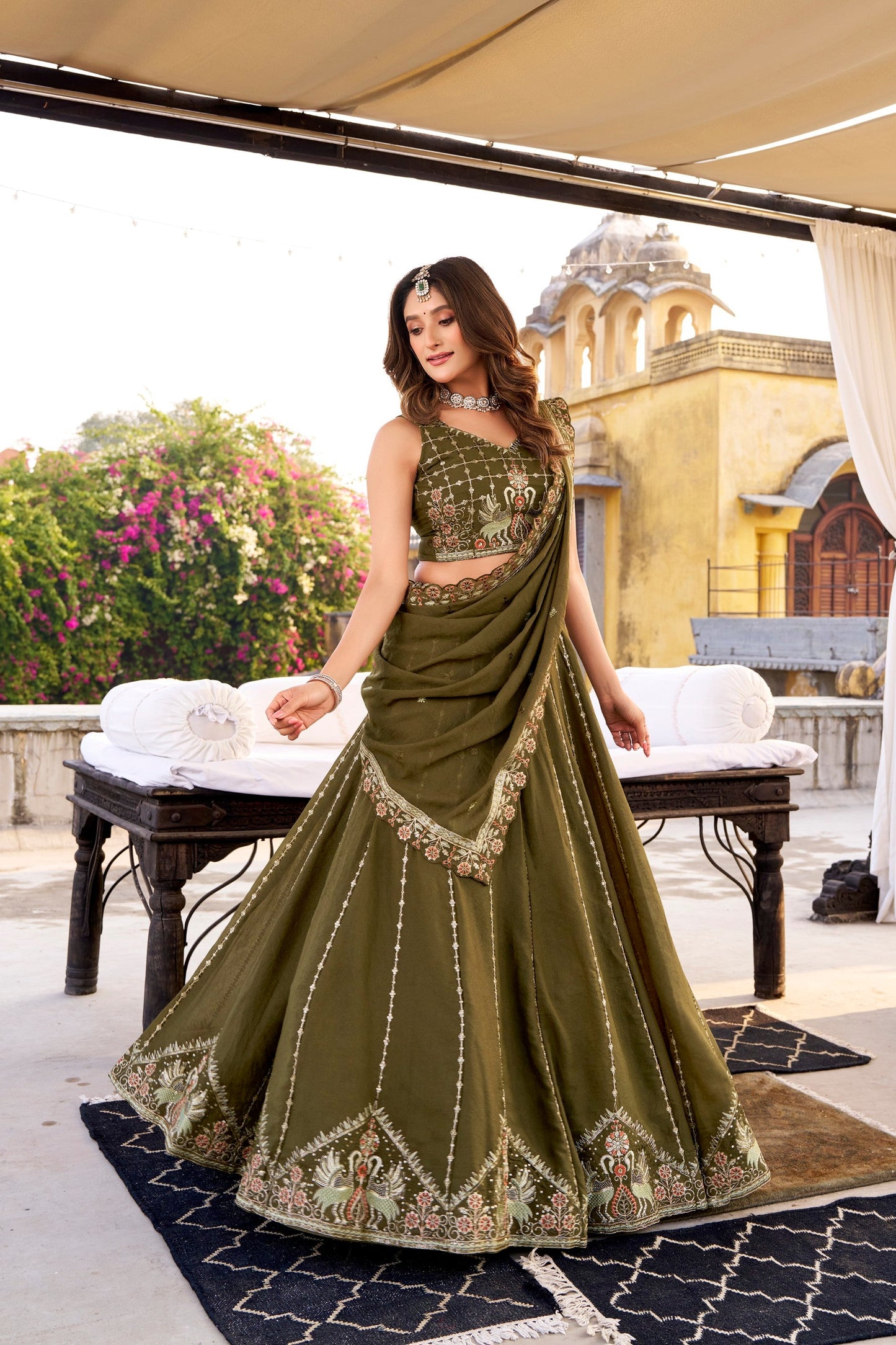 Lorenvalley Fashion Mehendi Crush Silk Sequins and Thread Embroidery Work Lehenga Choli with Dupatta - Swadesiicart