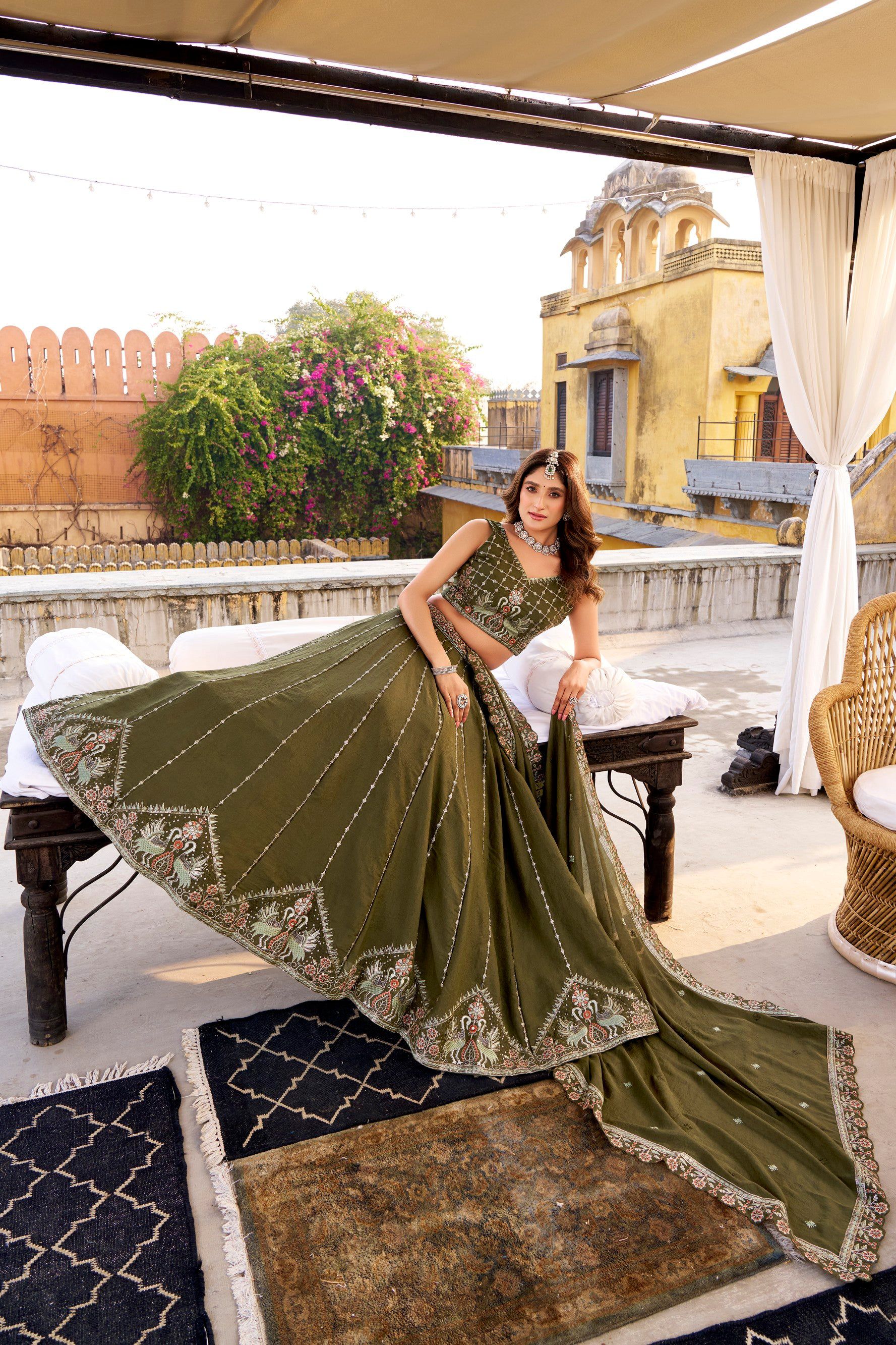 Lorenvalley Fashion Mehendi Crush Silk Sequins and Thread Embroidery Work Lehenga Choli with Dupatta - Swadesiicart