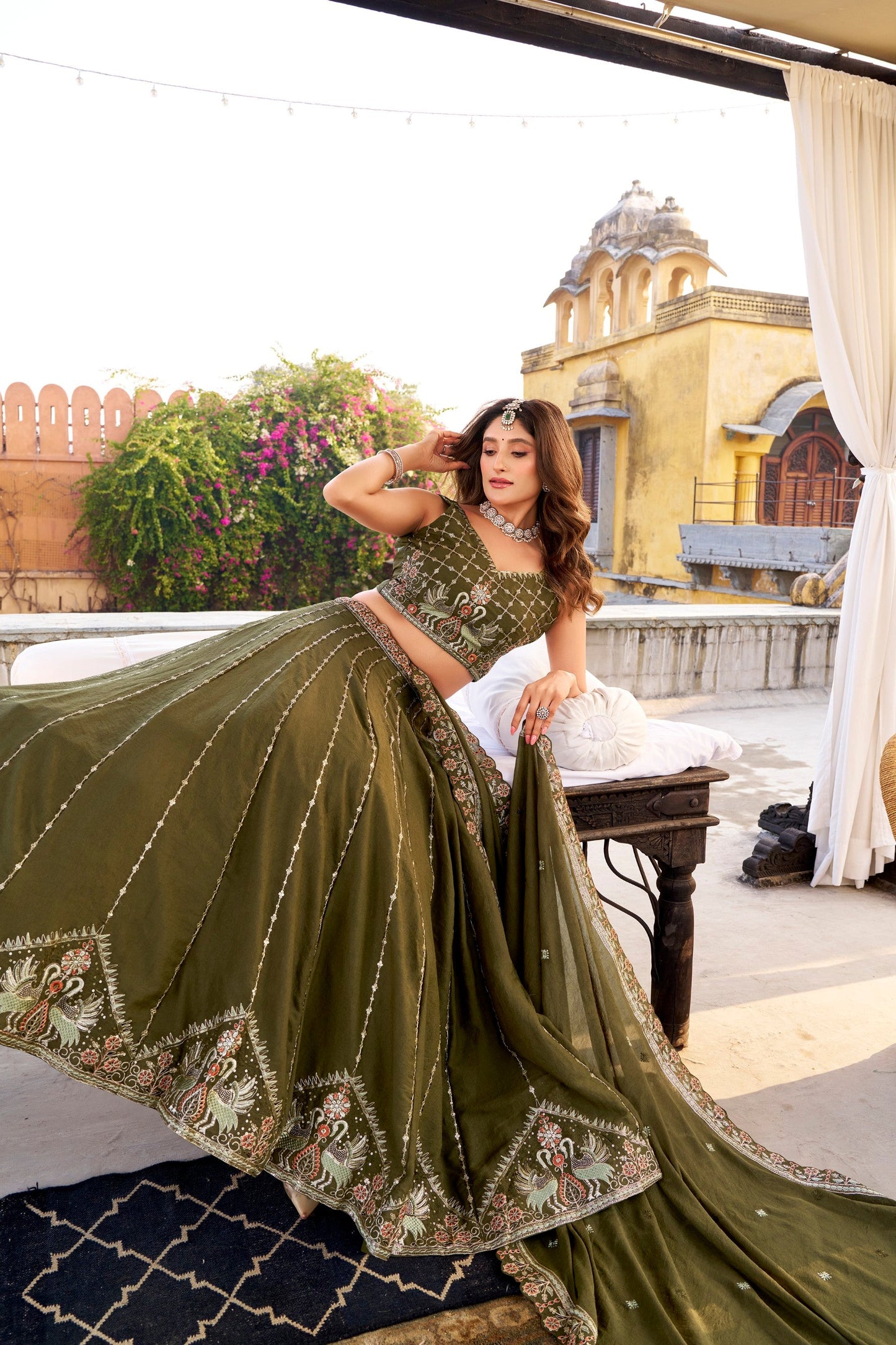 Lorenvalley Fashion Mehendi Crush Silk Sequins and Thread Embroidery Work Lehenga Choli with Dupatta - Swadesiicart