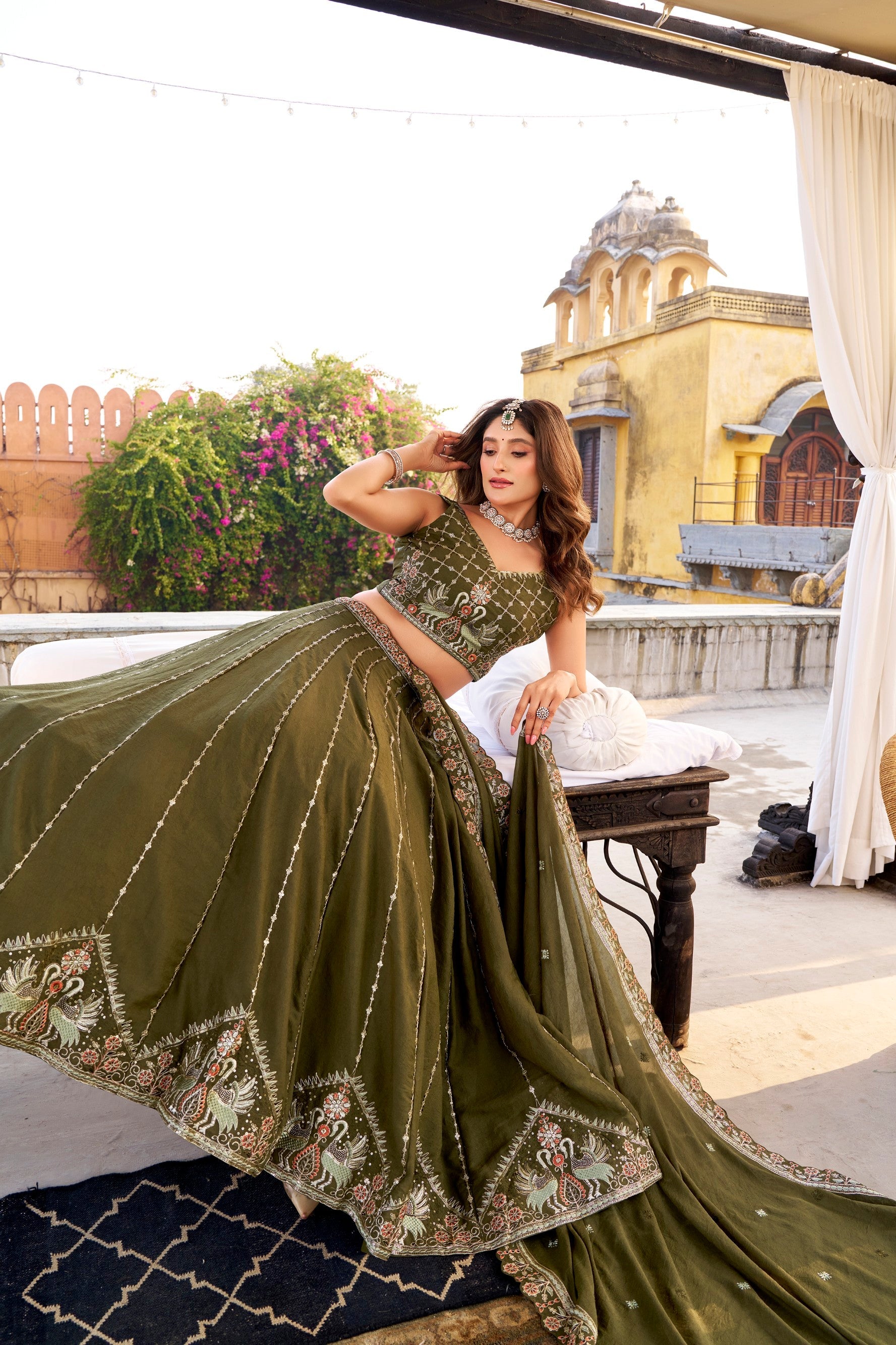 Lorenvalley Fashion Mehendi Crush Silk Sequins and Thread Embroidery Work Lehenga Choli with Dupatta - Swadesiicart