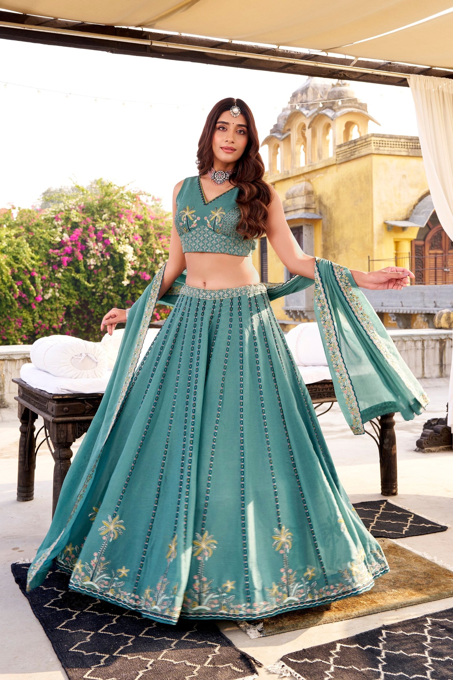 Lorenvalley Fashion Skyblue Crush Silk Sequins and Thread Embroidery Work Lehenga Choli with Dupatta - Swadesiicart