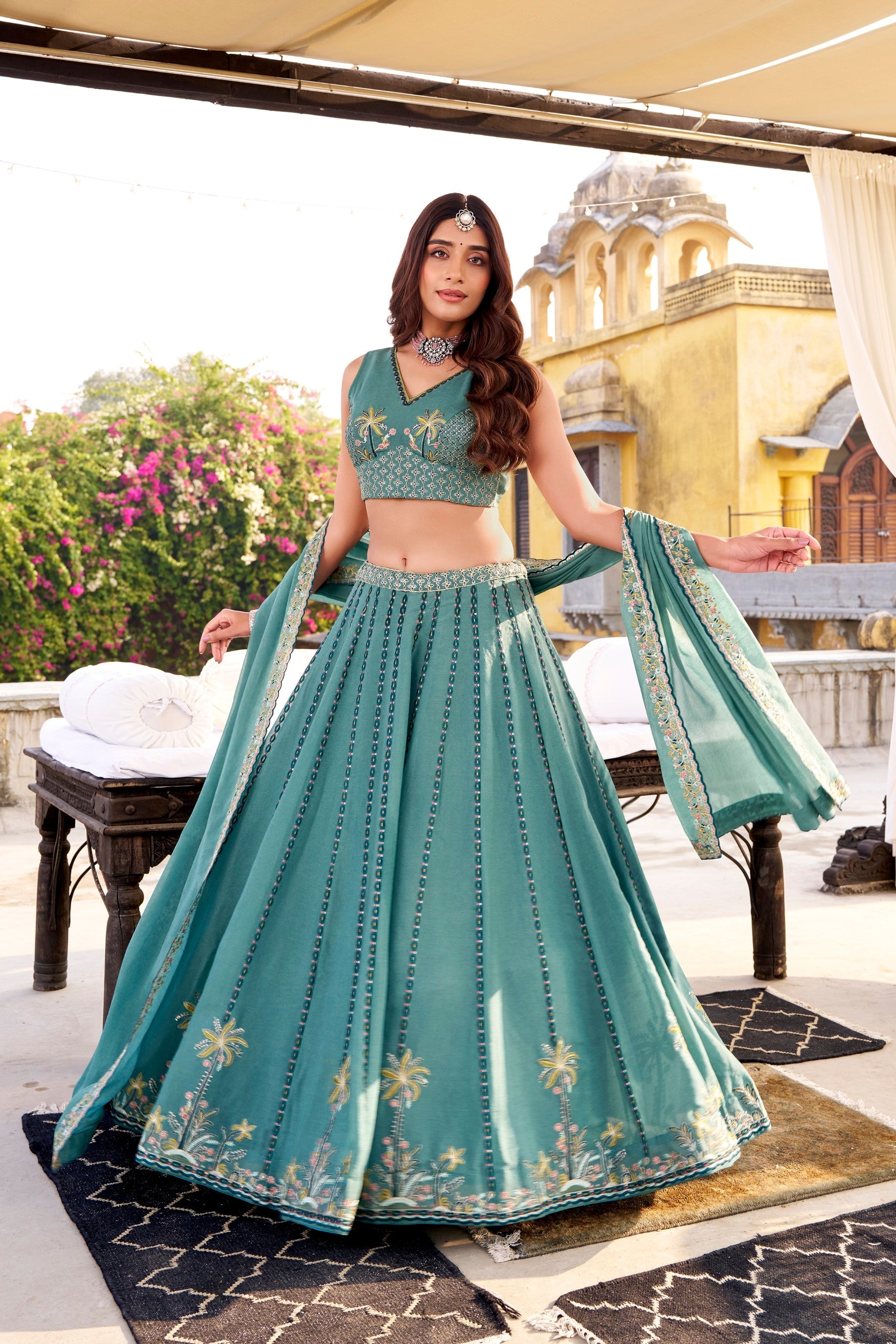 Lorenvalley Fashion Skyblue Crush Silk Sequins and Thread Embroidery Work Lehenga Choli with Dupatta - Swadesiicart