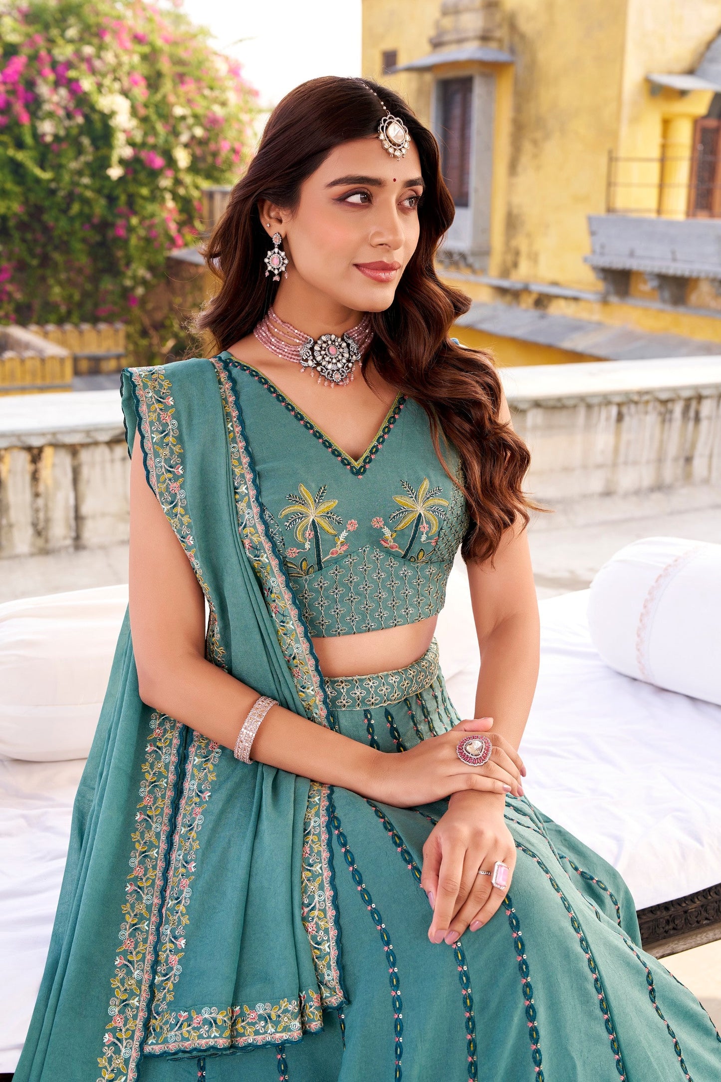 Lorenvalley Fashion Skyblue Crush Silk Sequins and Thread Embroidery Work Lehenga Choli with Dupatta - Swadesiicart